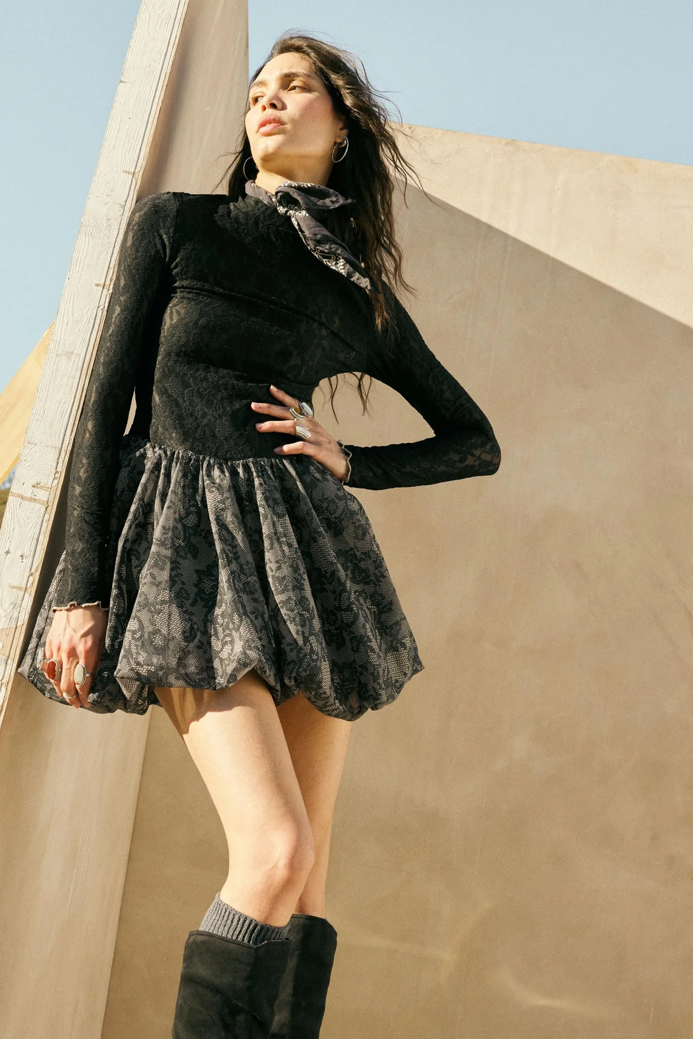 Midnight Romance Lace Mock-Neck Bubble Mini Dress - Image 2