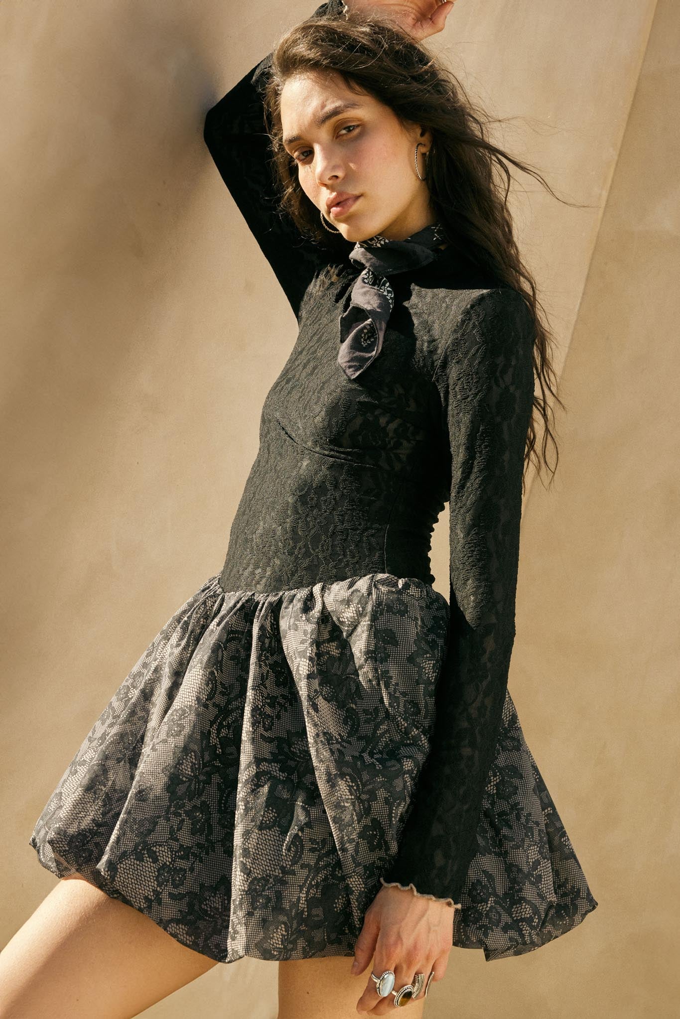Midnight Romance Lace Mock-Neck Bubble Mini Dress - Image 3