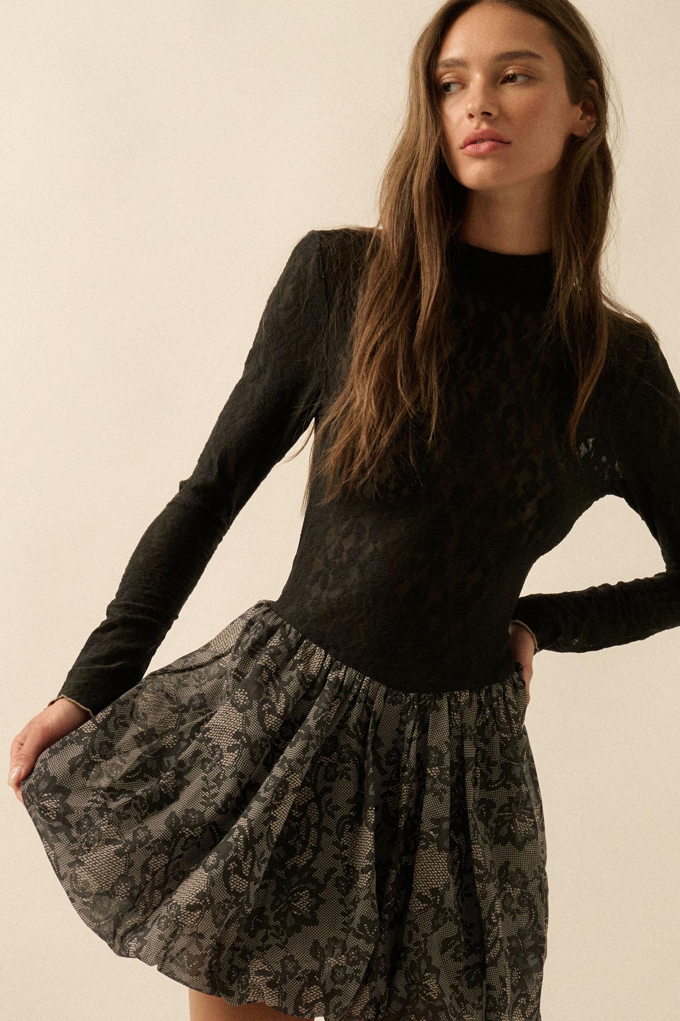 Midnight Romance Lace Mock-Neck Bubble Mini Dress - Image 4