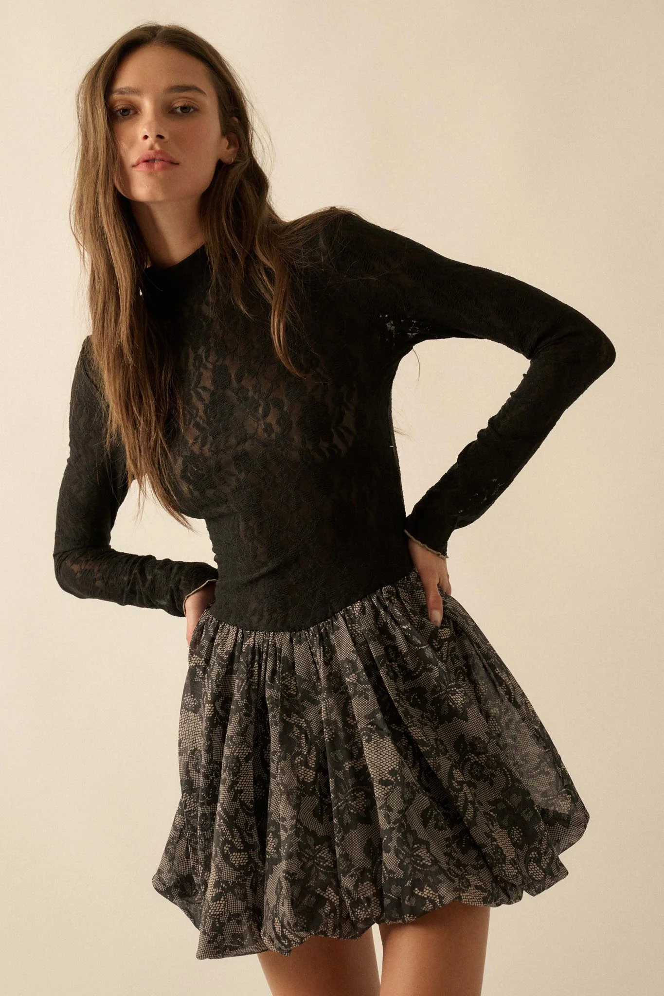 Midnight Romance Lace Mock-Neck Bubble Mini Dress - Image 7
