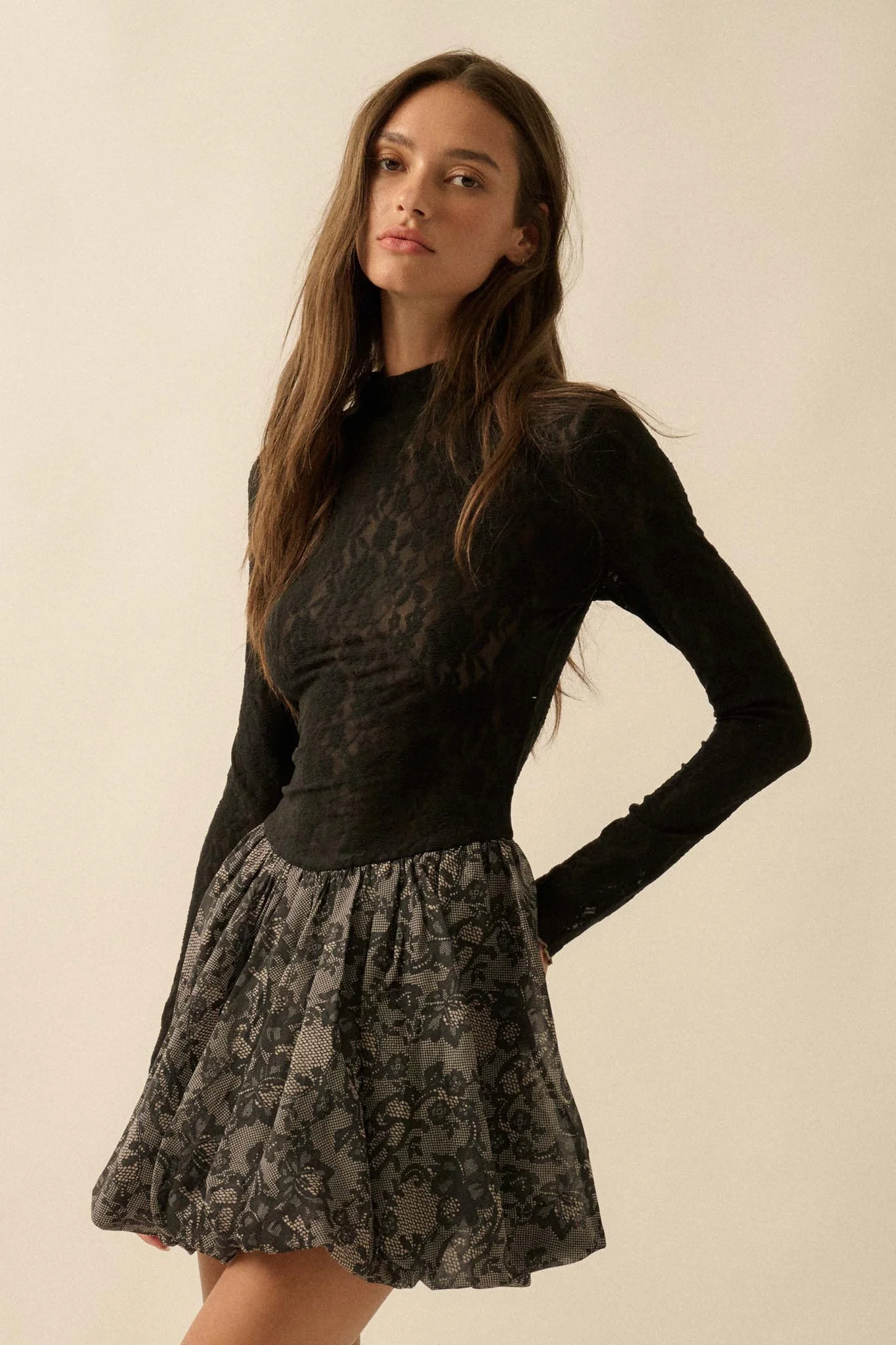 Midnight Romance Lace Mock-Neck Bubble Mini Dress - Image 8