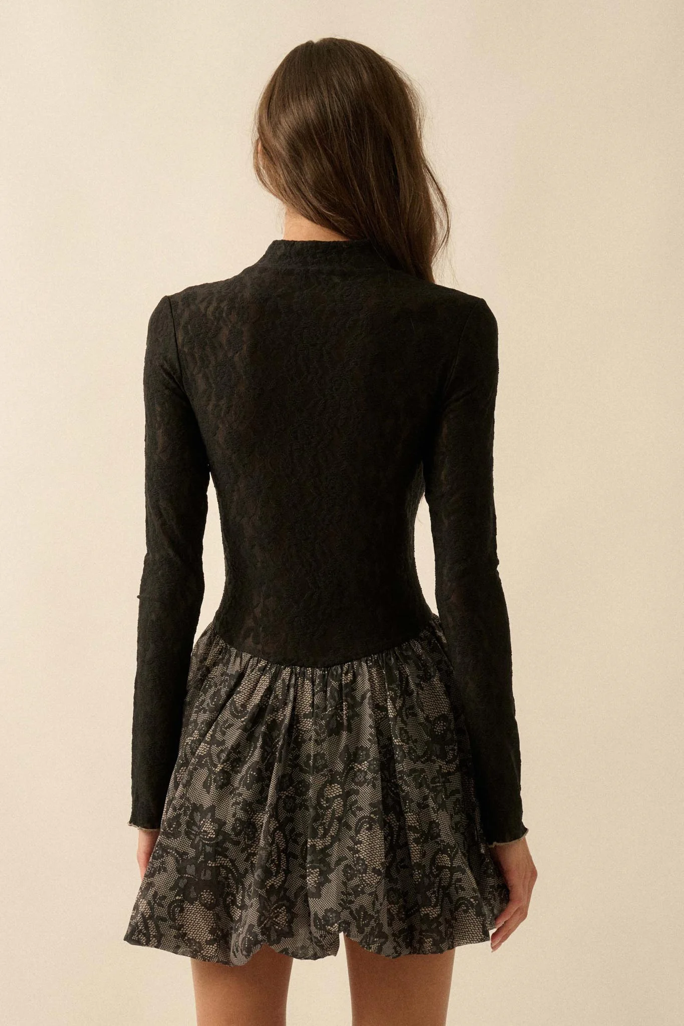 Midnight Romance Lace Mock-Neck Bubble Mini Dress - Image 9