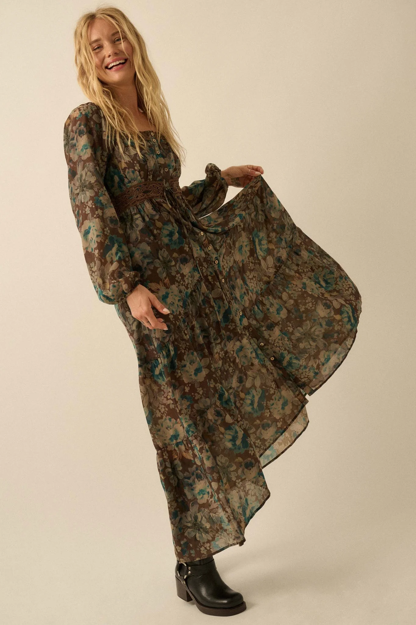 Misty Meadow Floral Button-Up Maxi Prairie Dress - Image 11