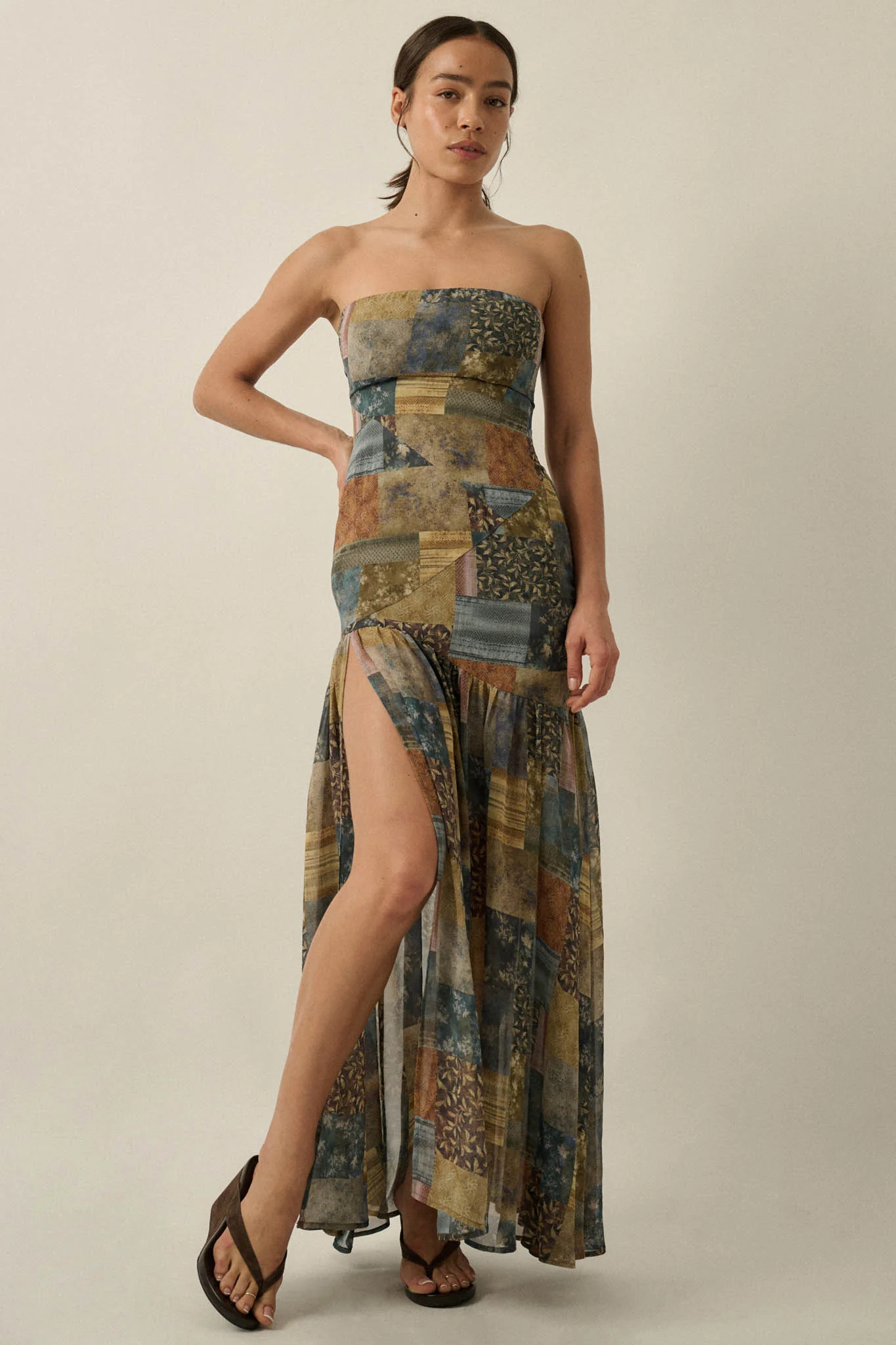 Mixed Signals Patchwork-Print Strapless Maxi Dress - Image 3