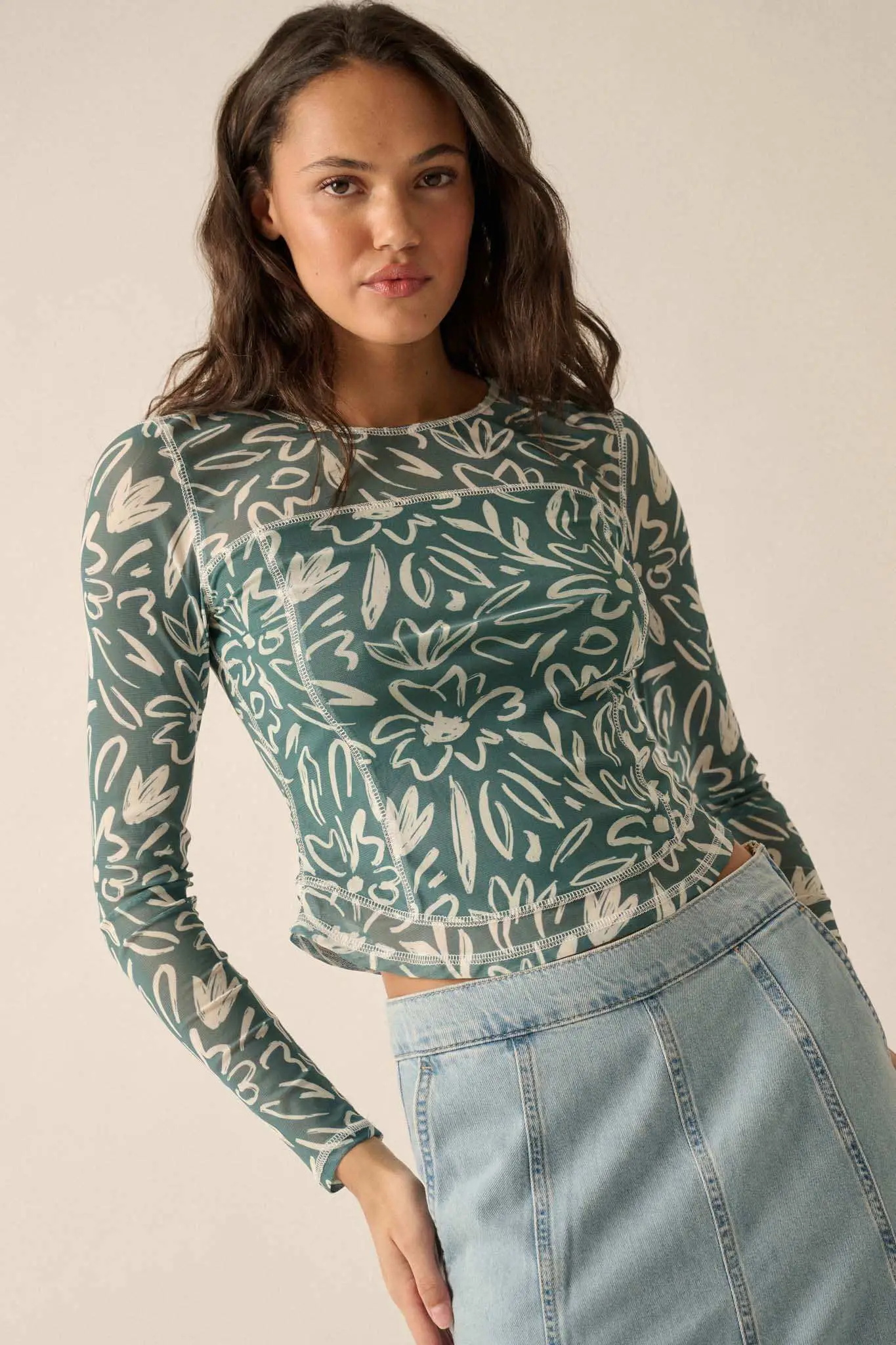 Modern Blossoms Floral-Print Mesh Exposed-Seam Top - Image 11