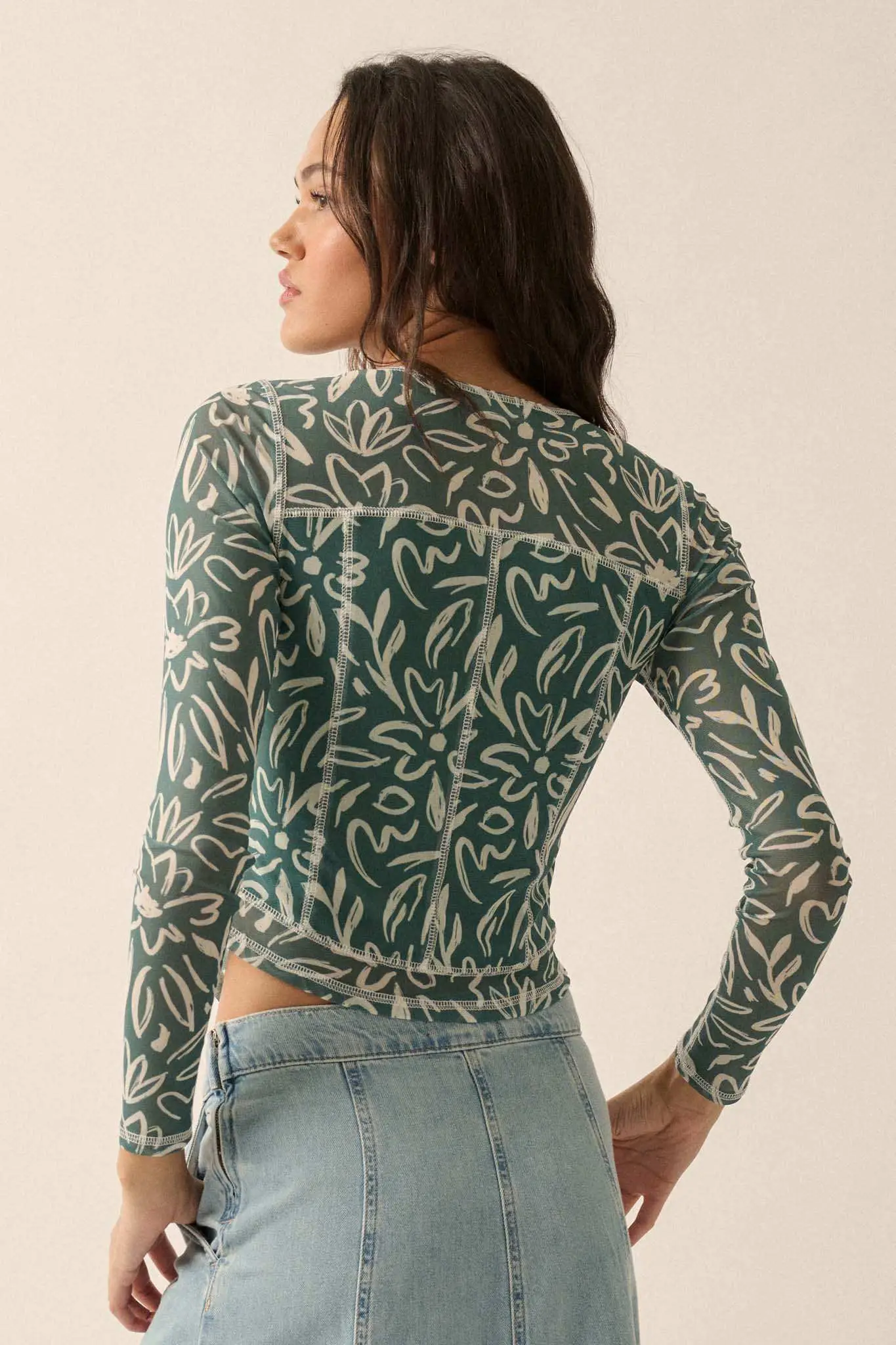 Modern Blossoms Floral-Print Mesh Exposed-Seam Top - Image 12