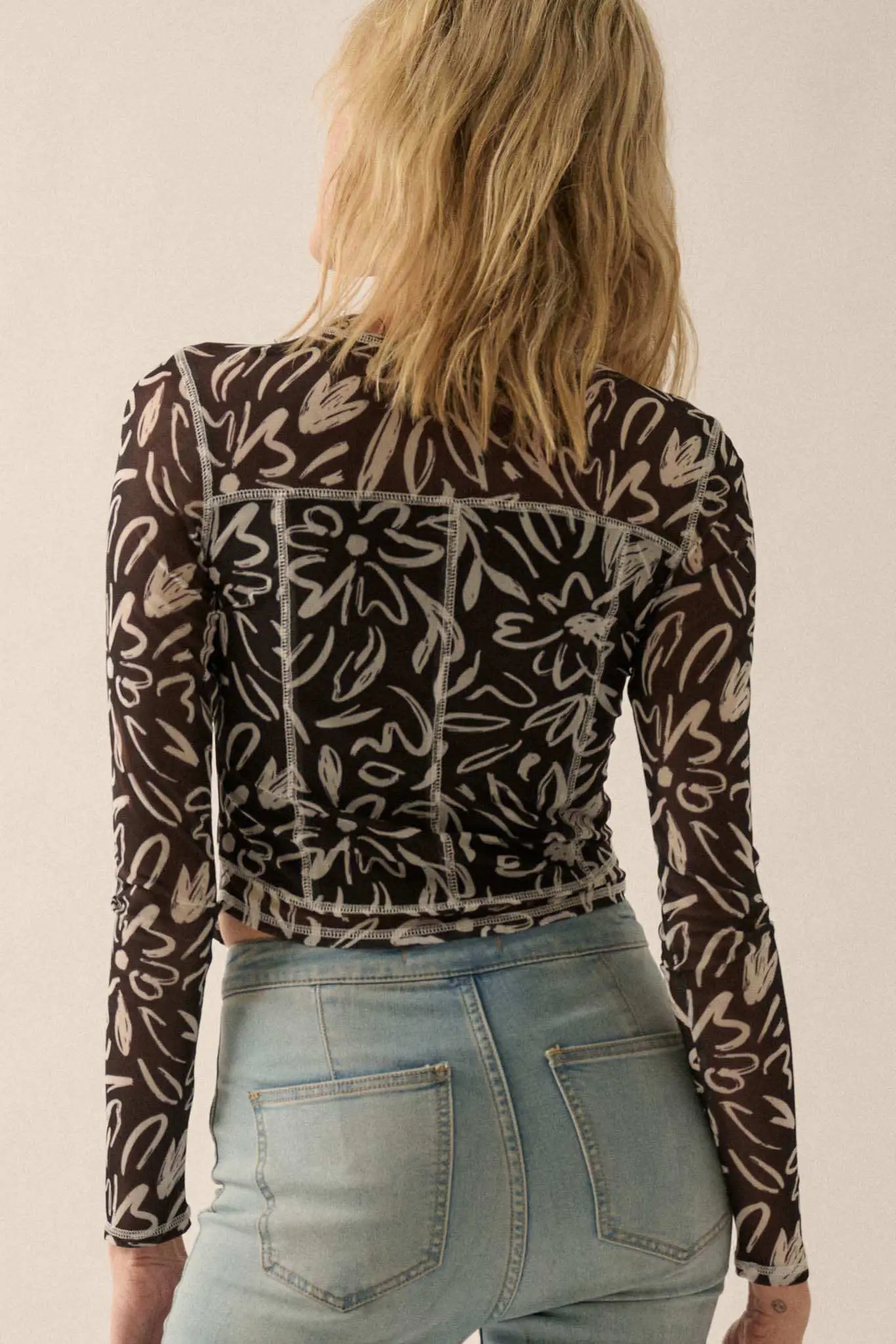 Modern Blossoms Floral-Print Mesh Exposed-Seam Top - Image 2