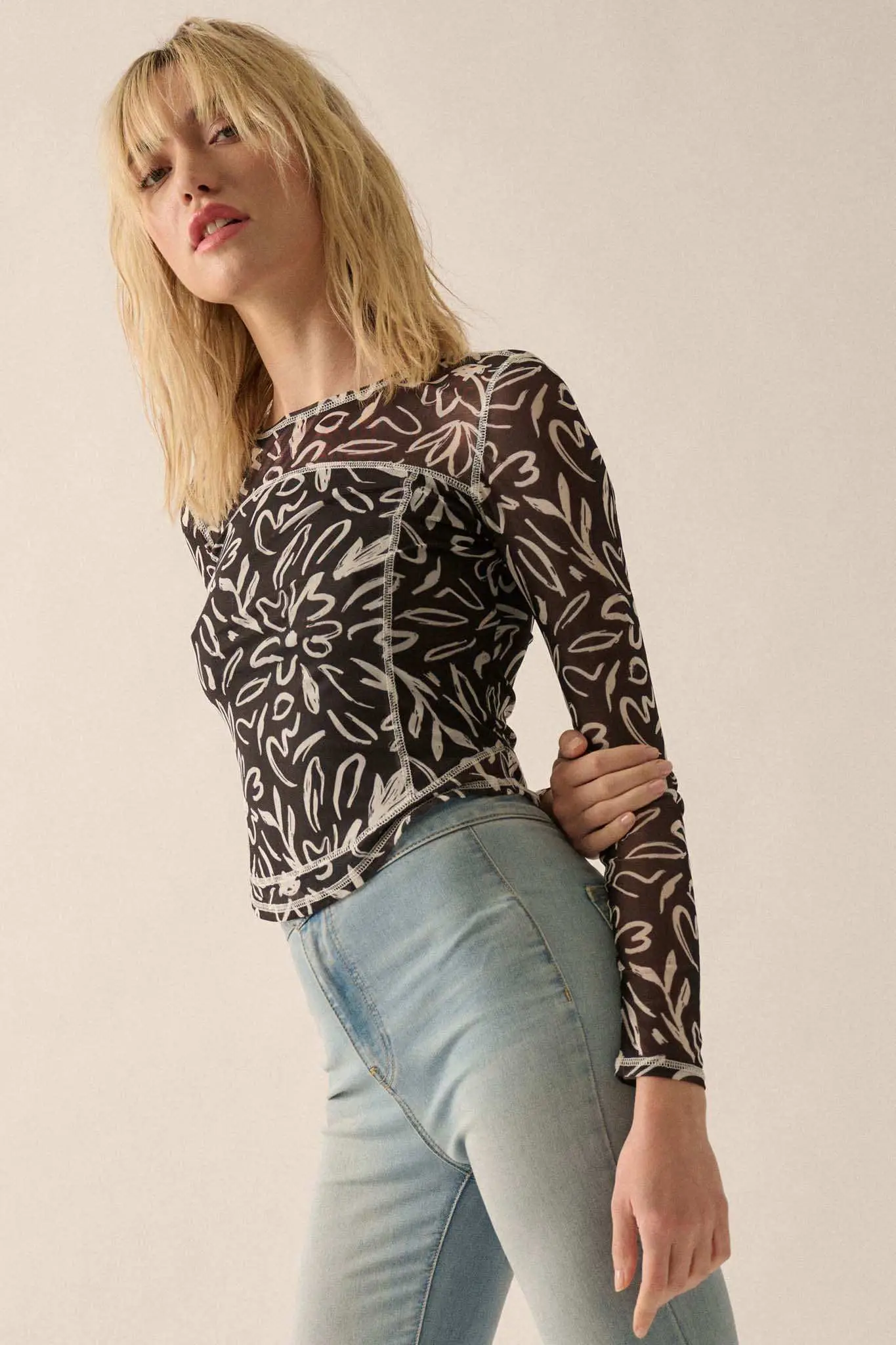 Modern Blossoms Floral-Print Mesh Exposed-Seam Top - Image 6