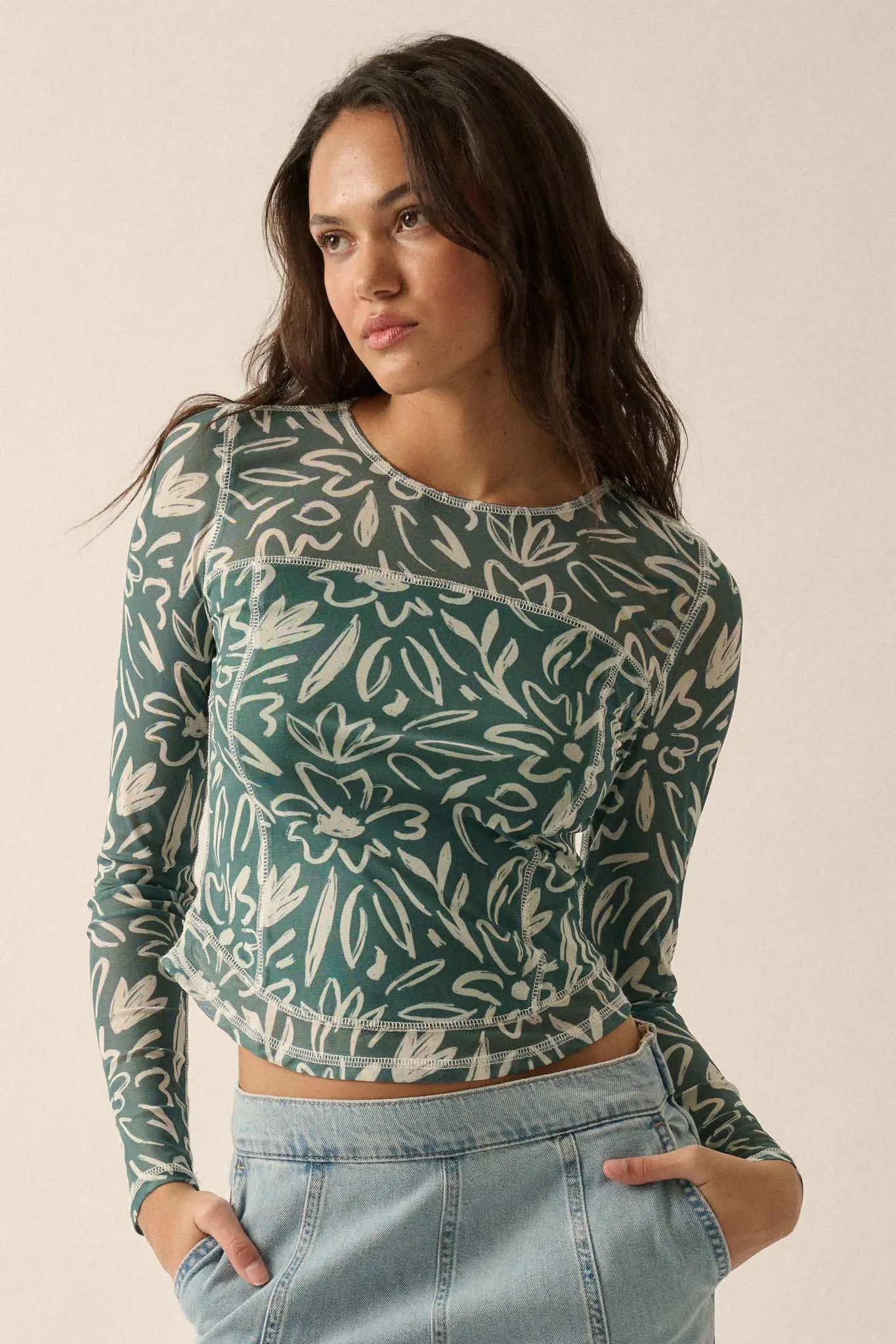 Modern Blossoms Floral-Print Mesh Exposed-Seam Top - Image 7