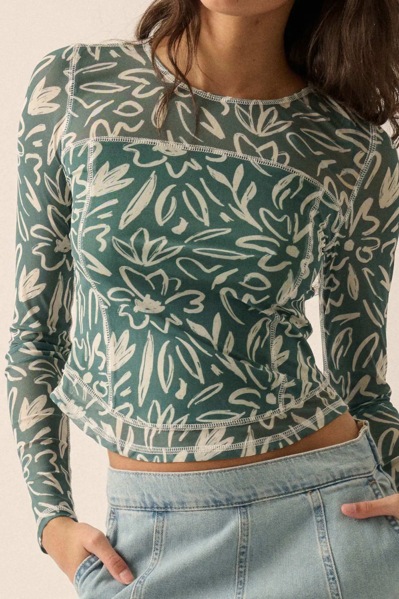 Modern Blossoms Floral-Print Mesh Exposed-Seam Top - Image 8