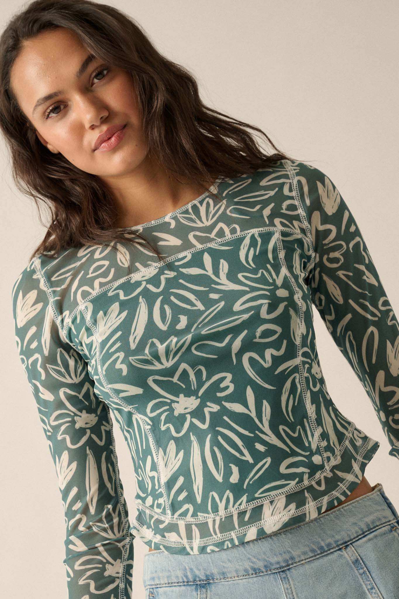 Modern Blossoms Floral-Print Mesh Exposed-Seam Top - Image 9