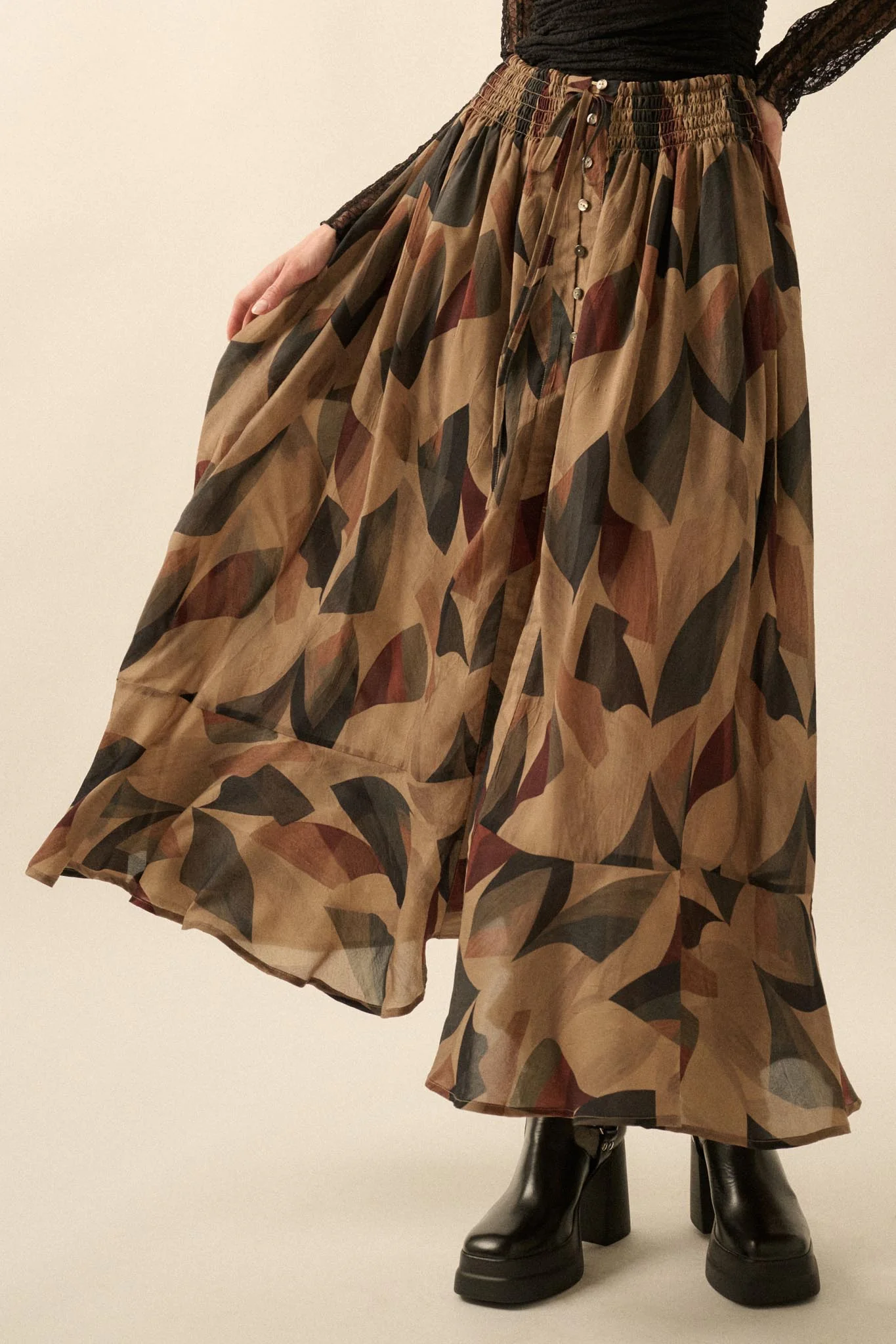 Modern Classic Abstract-Print Buttoned Maxi Skirt - Image 2