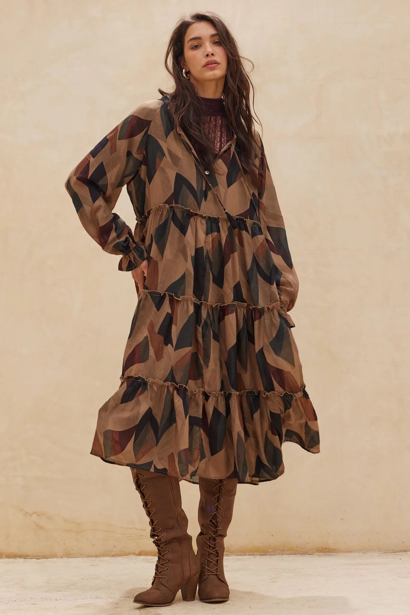 Modern Vintage Abstract-Print Midi Prairie Dress