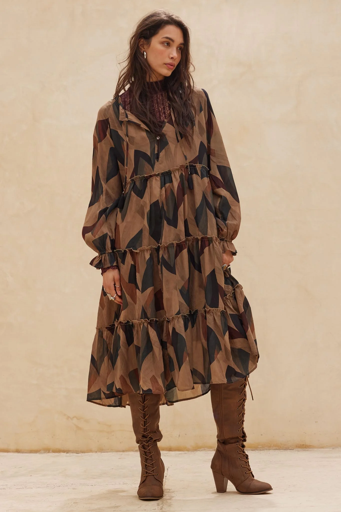 Modern Vintage Abstract-Print Midi Prairie Dress - Image 3