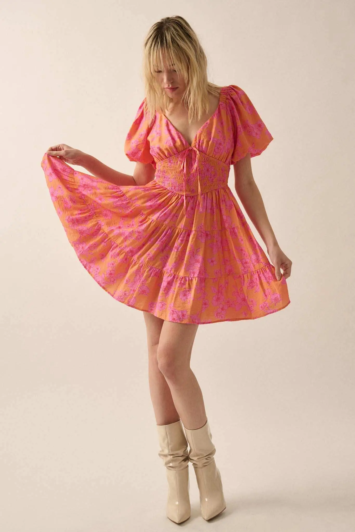 Morning Bloom Floral Puff-Sleeve Tiered Mini Dress - Image 3