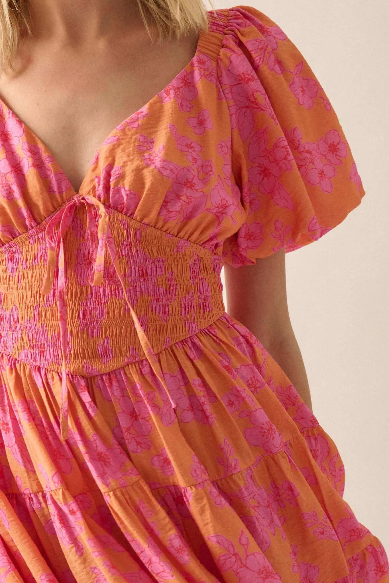 Morning Bloom Floral Puff-Sleeve Tiered Mini Dress - Image 4