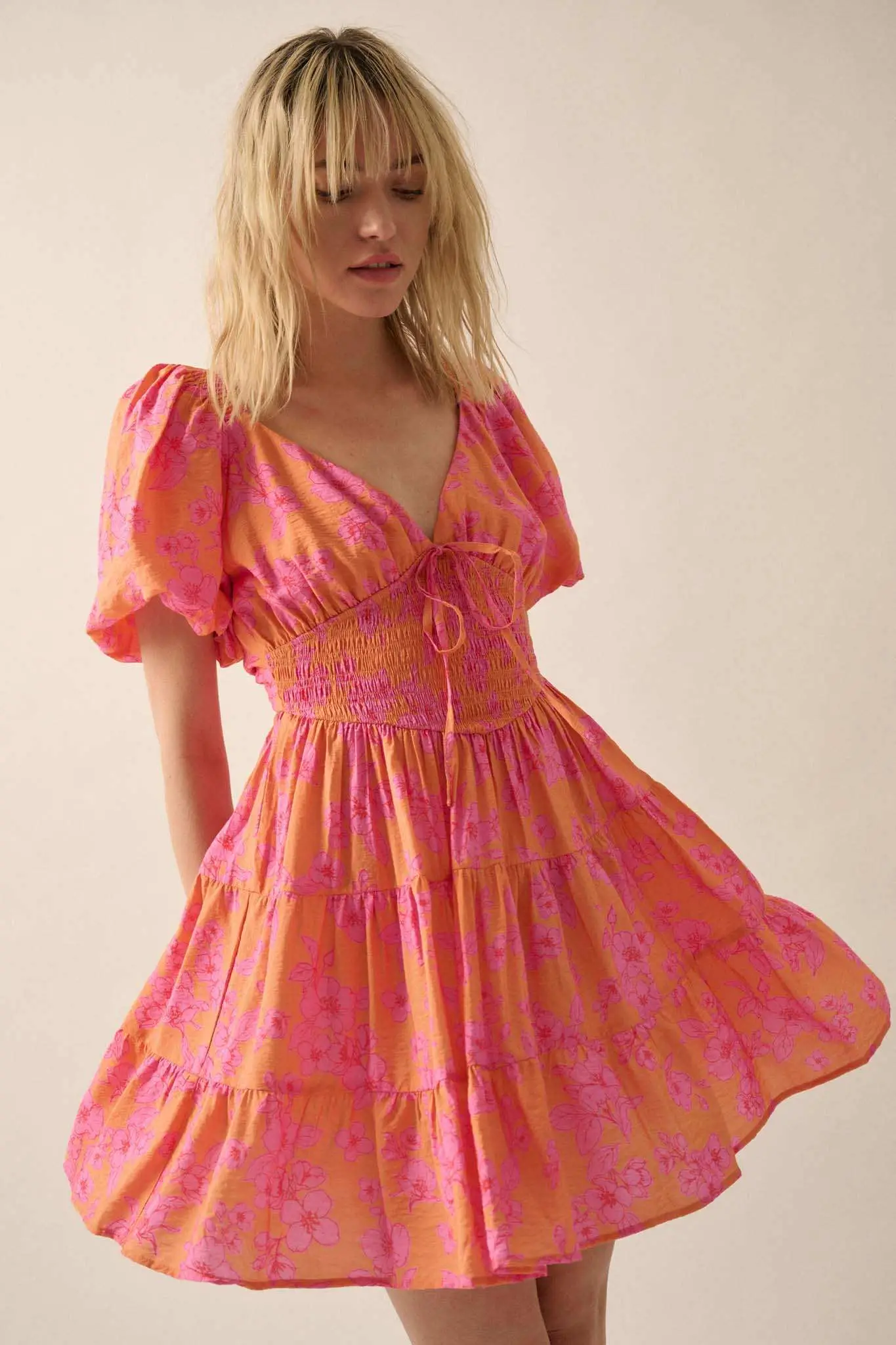 Morning Bloom Floral Puff-Sleeve Tiered Mini Dress - Image 5