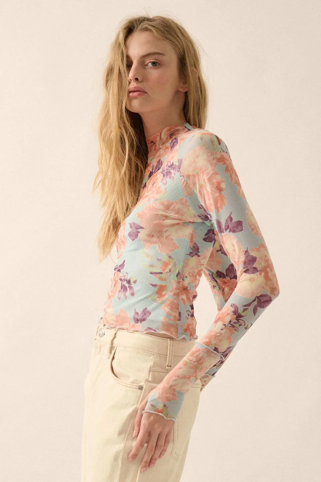 Morning Dew Floral Mesh Mock-Neck Thumbhole Top - Image 14