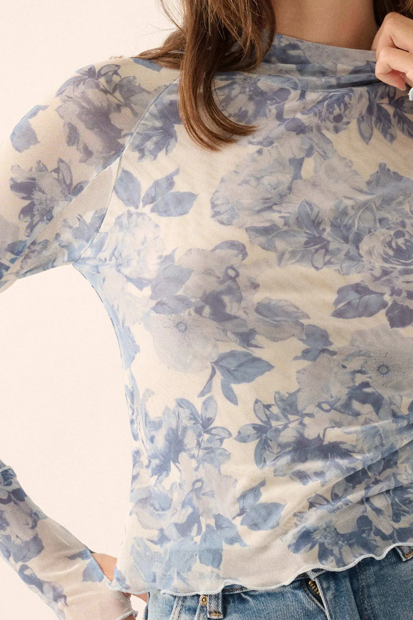 Morning Dew Floral Mesh Mock-Neck Thumbhole Top - Image 5