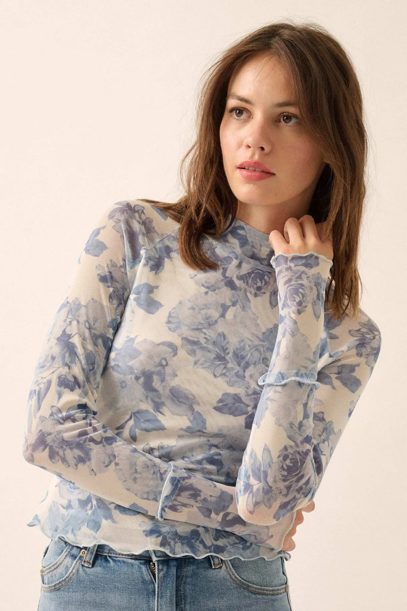 Morning Dew Floral Mesh Mock-Neck Thumbhole Top - Image 6