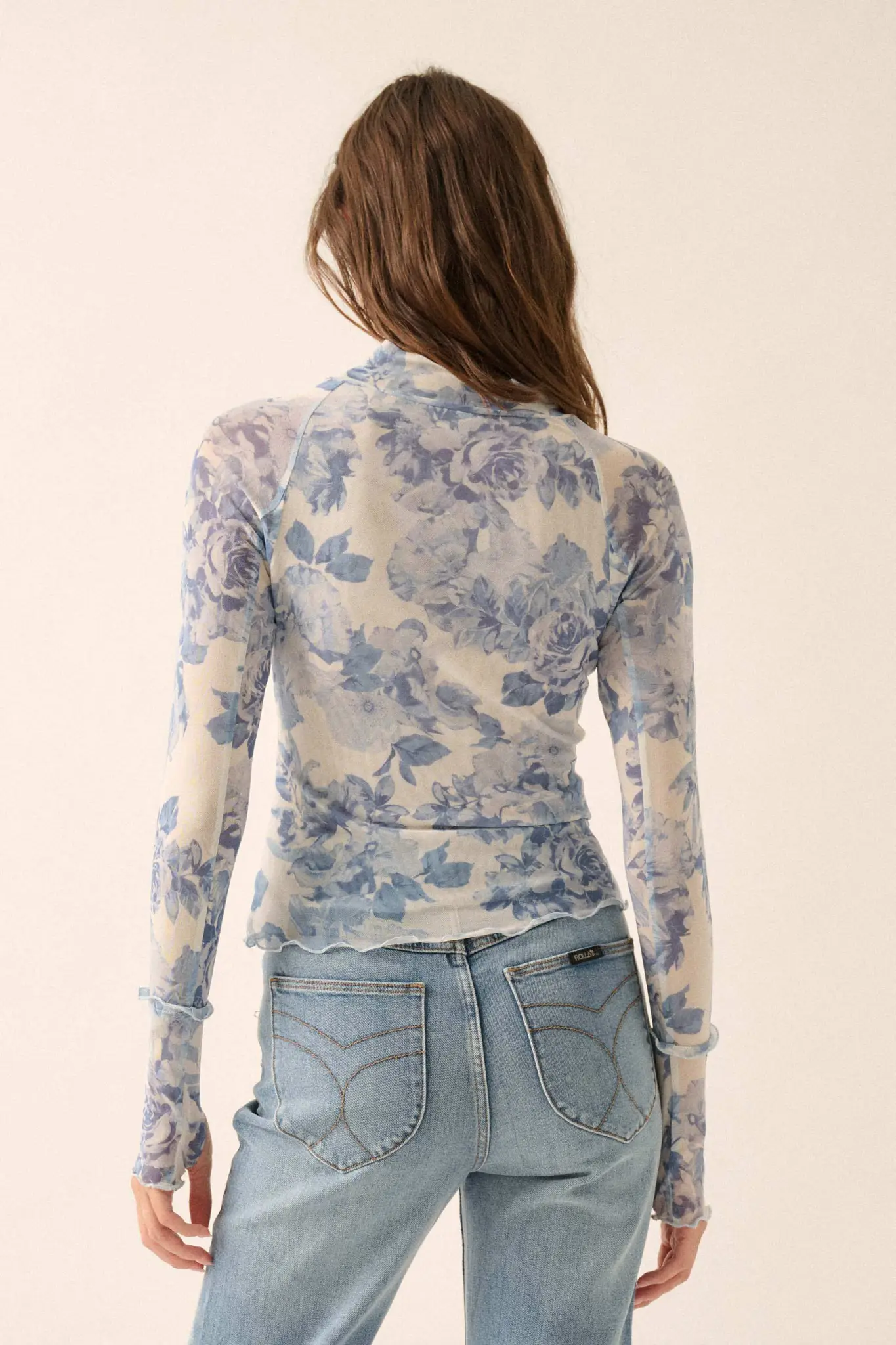 Morning Dew Floral Mesh Mock-Neck Thumbhole Top - Image 8