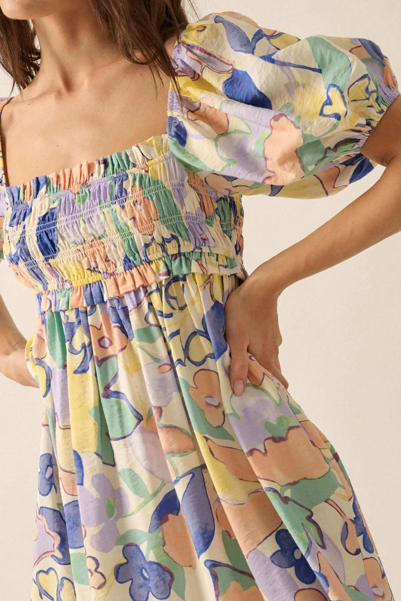 Morning Mist Floral Puff-Sleeve Babydoll Mini Dress - Image 3