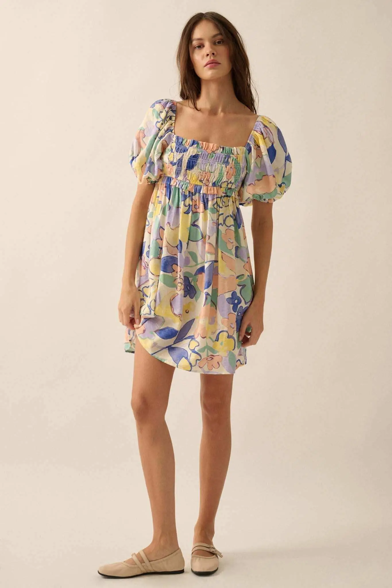 Morning Mist Floral Puff-Sleeve Babydoll Mini Dress - Image 4