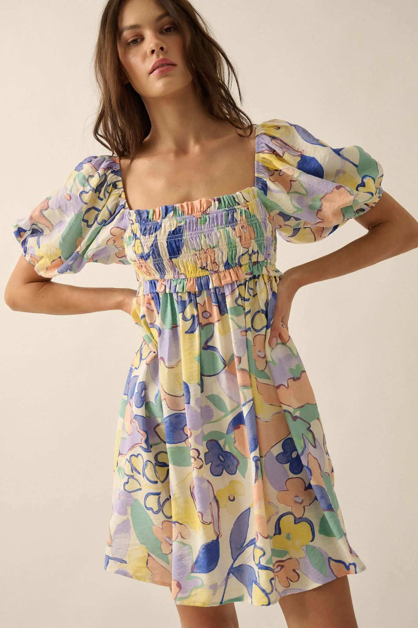 Morning Mist Floral Puff-Sleeve Babydoll Mini Dress - Image 5