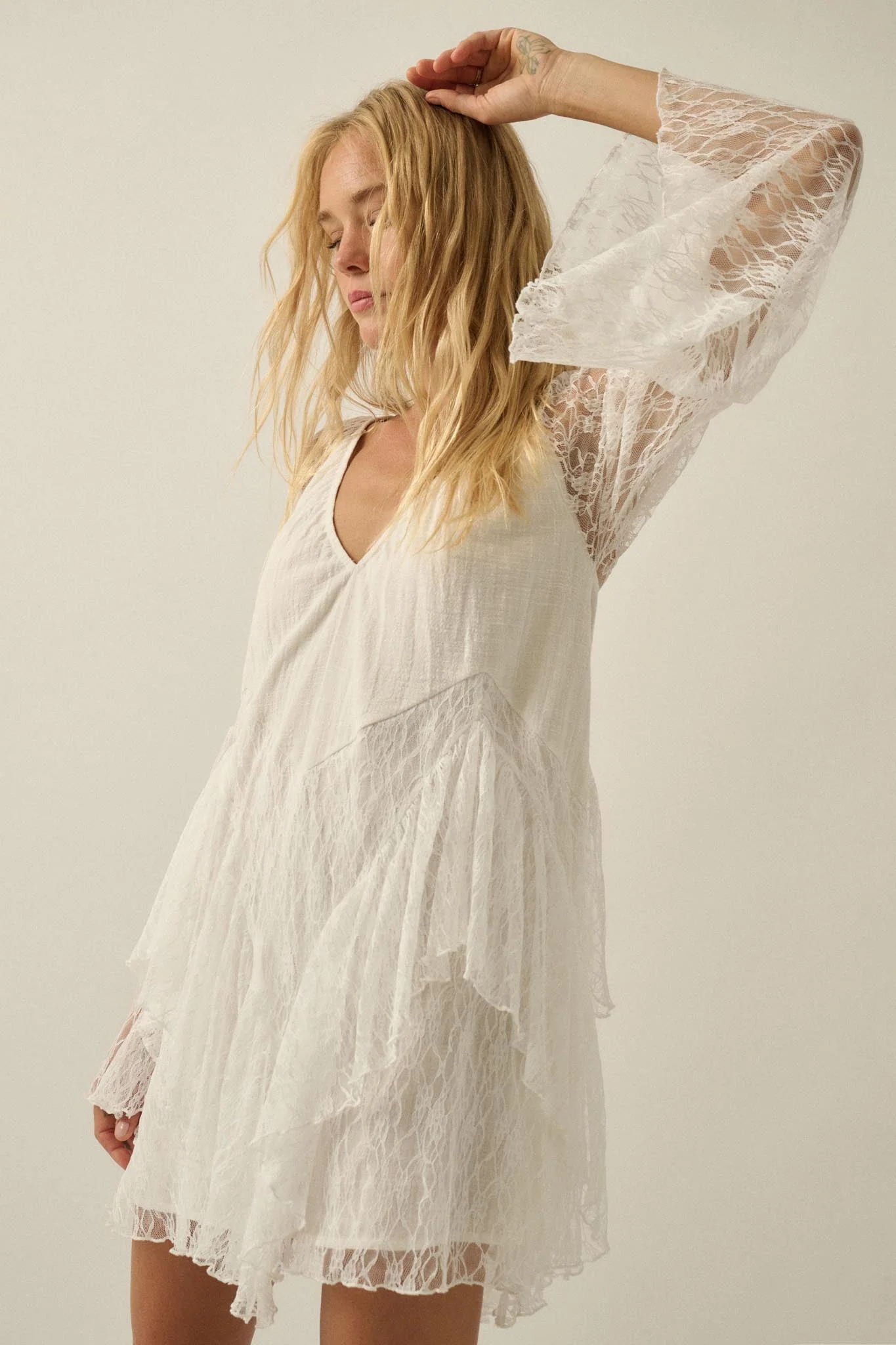 Morning Whisper Ruffled Lace Bell-Sleeve Romper - Image 4