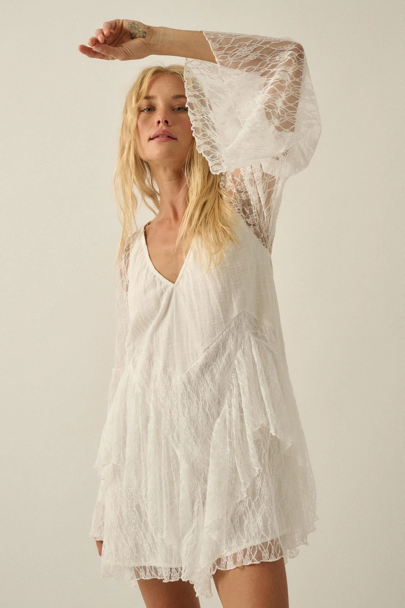 Morning Whisper Ruffled Lace Bell-Sleeve Romper - Image 7