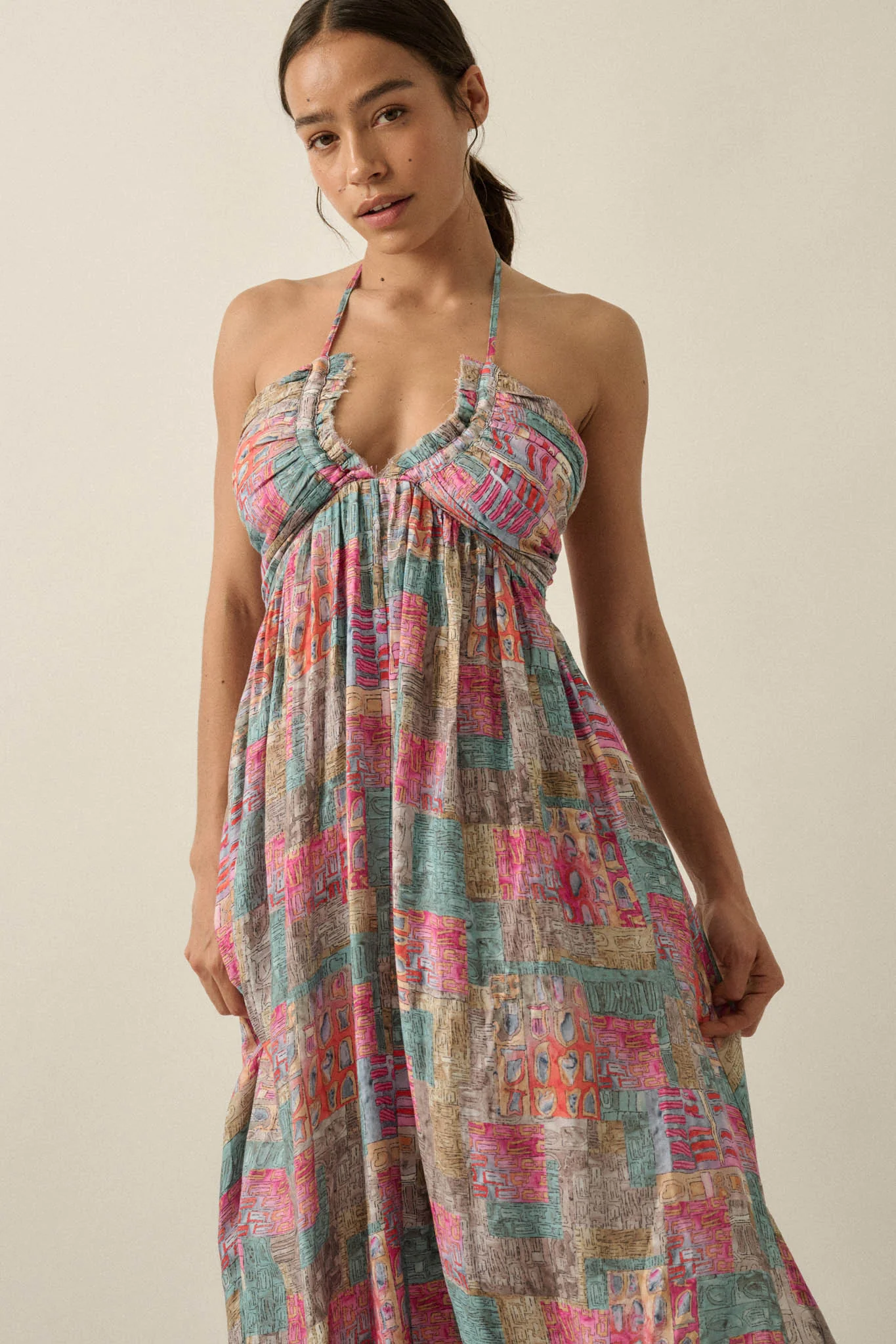 Mosaic Muse Abstract-Print Tie-Back Halter Maxi Dress - Image 12