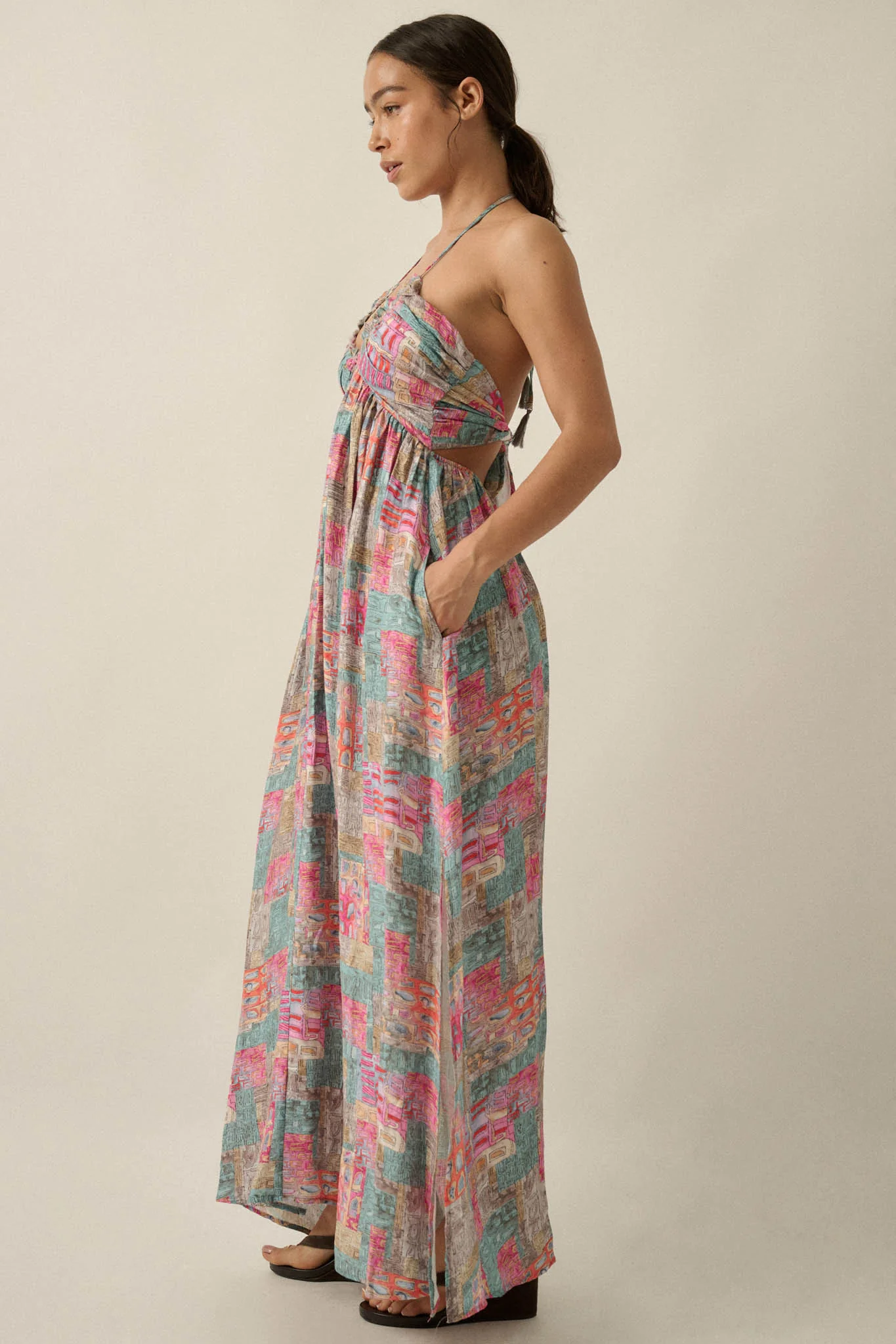 Mosaic Muse Abstract-Print Tie-Back Halter Maxi Dress - Image 14