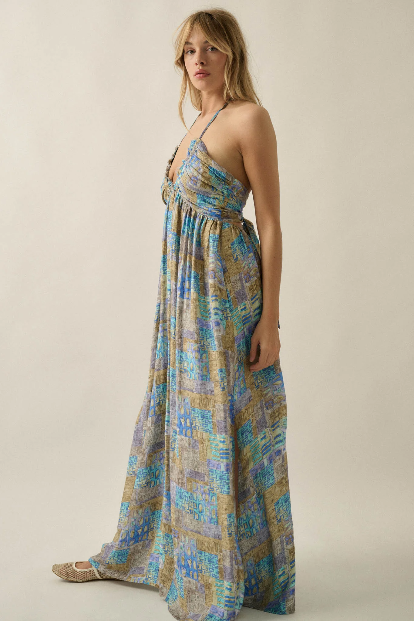 Mosaic Muse Abstract-Print Tie-Back Halter Maxi Dress - Image 8