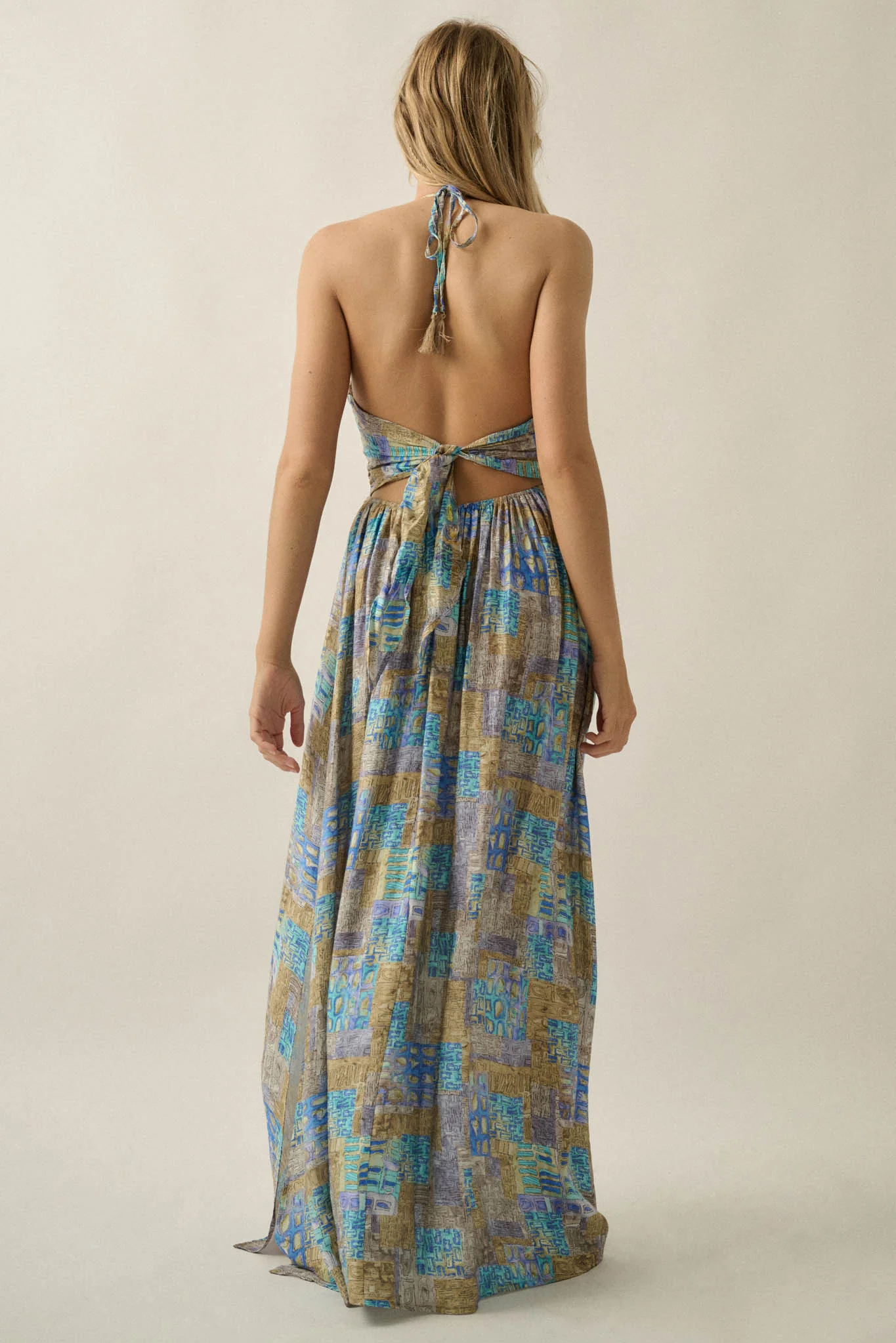 Mosaic Muse Abstract-Print Tie-Back Halter Maxi Dress - Image 9