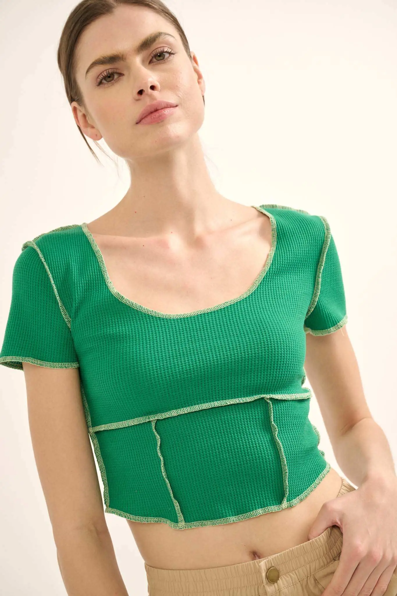 Never Say Never Cropped Exposed-Seam Waffle Tee - Image 3