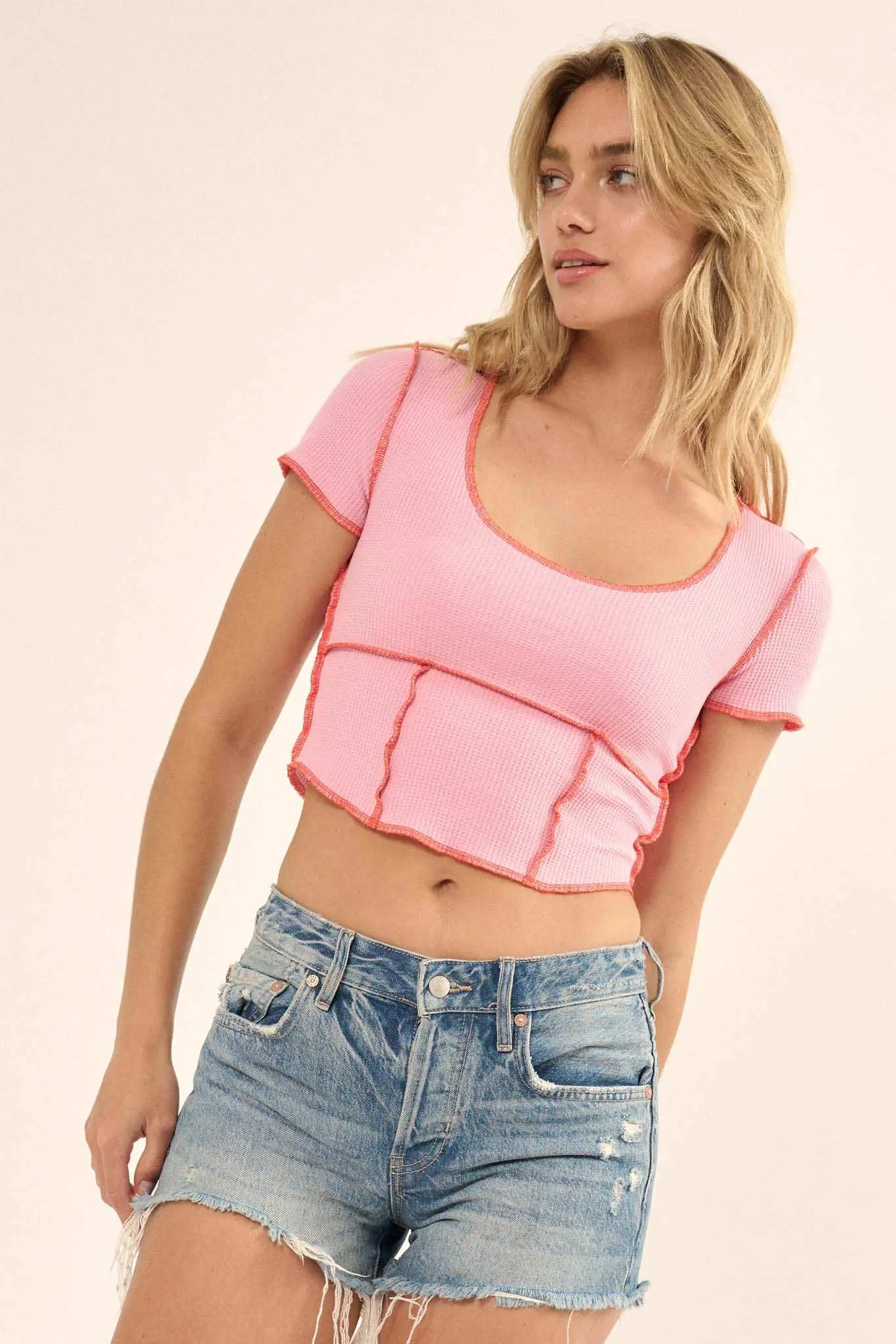 Never Say Never Cropped Exposed-Seam Waffle Tee - Image 7
