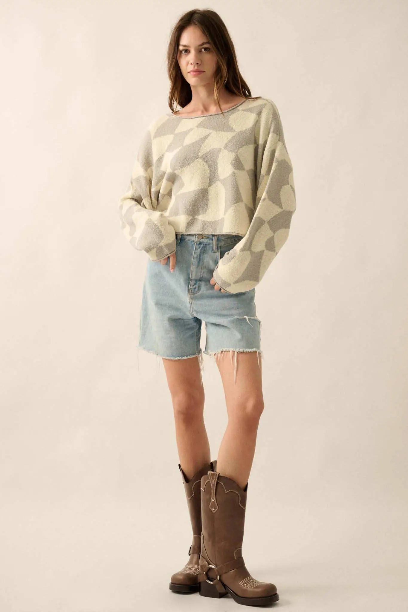 Nice Move Abstract Checkerboard Cropped Sweater - Image 3