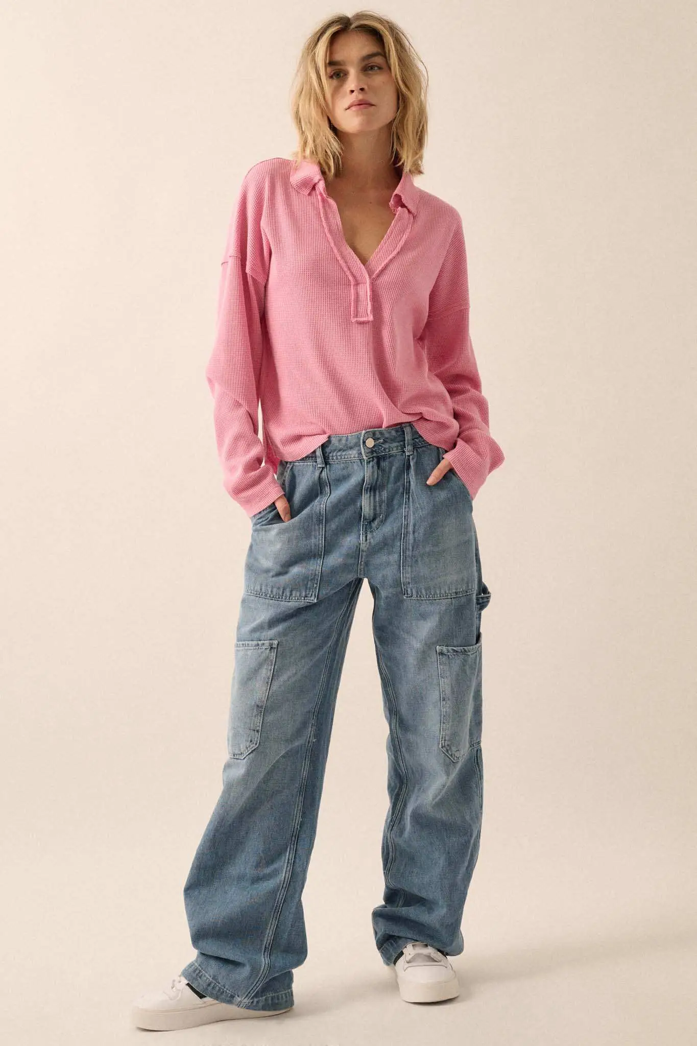 No Problemo Collared V-Neck Waffle-Knit Top - Image 10