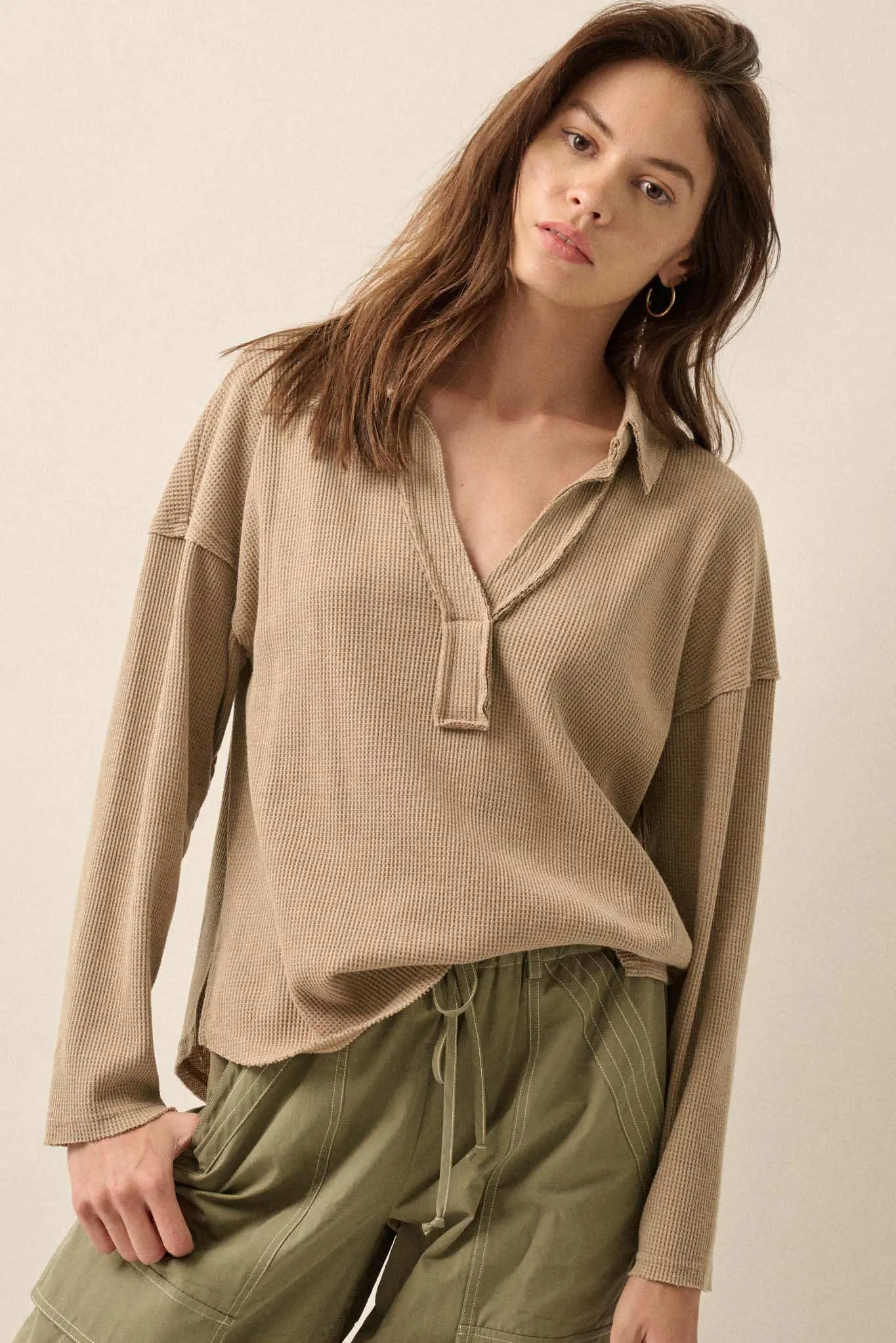 No Problemo Collared V-Neck Waffle-Knit Top - Image 19
