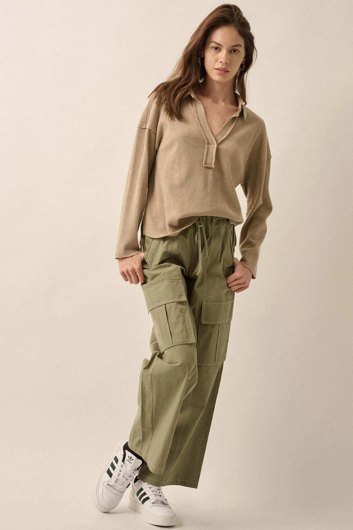 No Problemo Collared V-Neck Waffle-Knit Top - Image 21