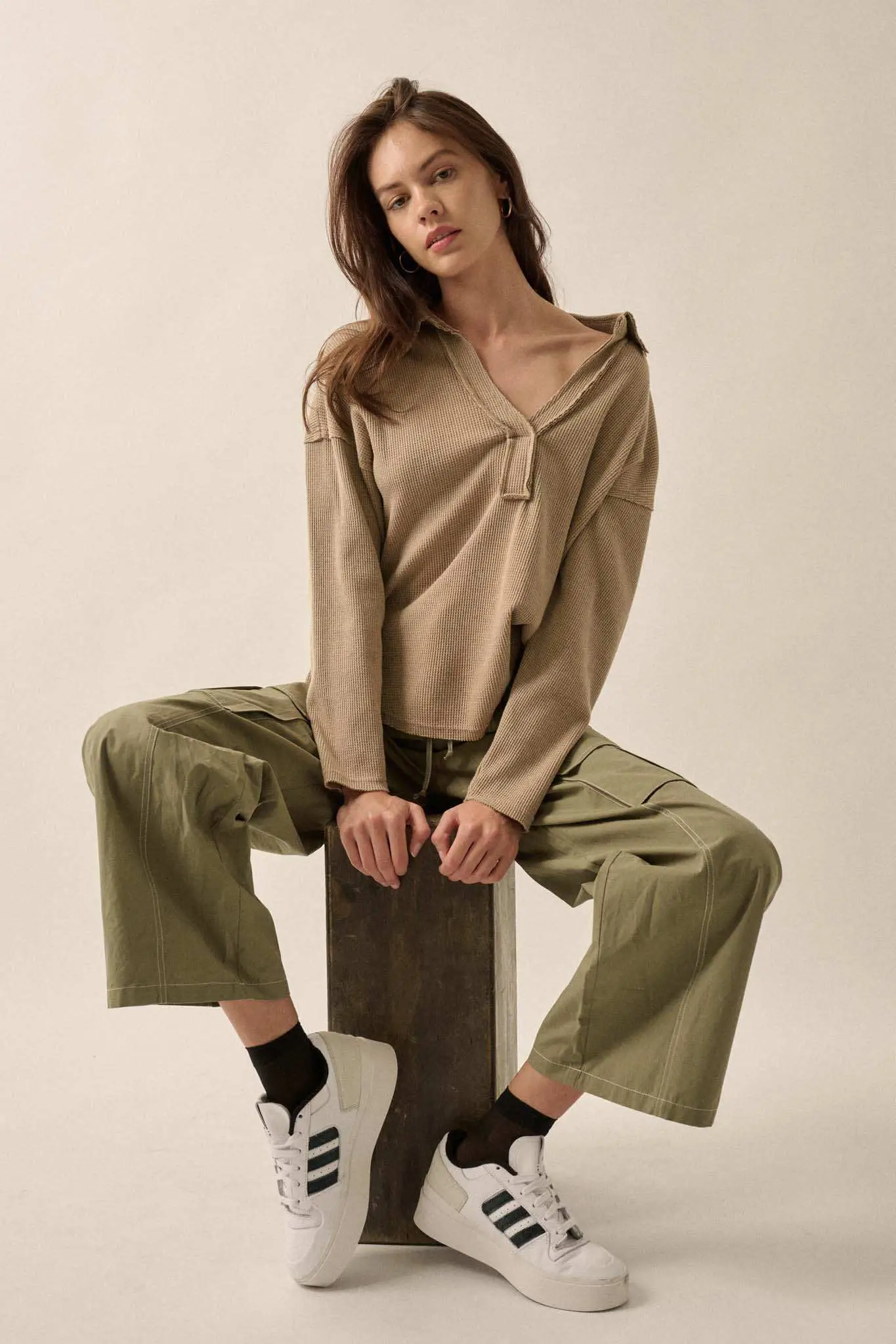 No Problemo Collared V-Neck Waffle-Knit Top - Image 22