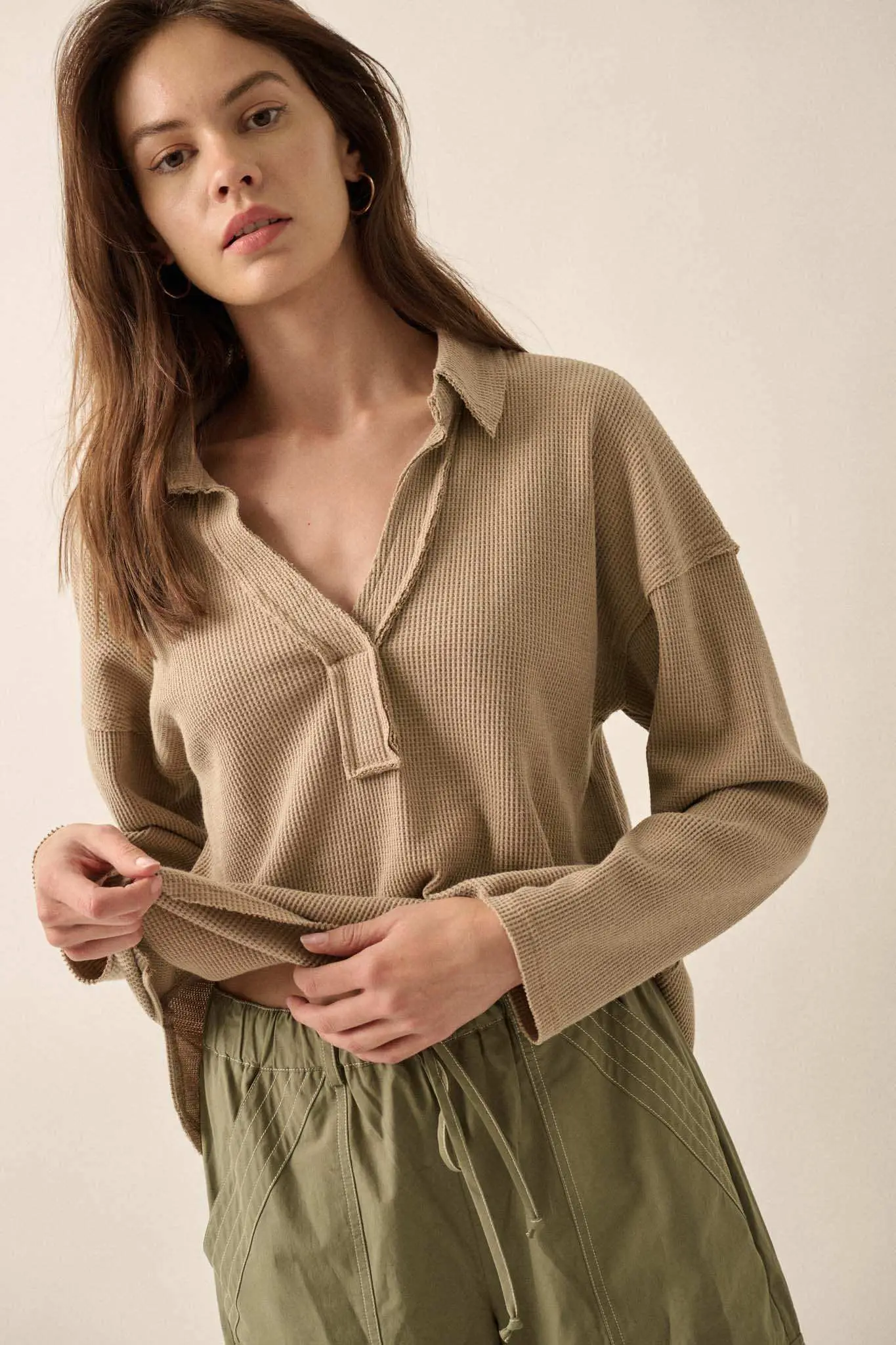 No Problemo Collared V-Neck Waffle-Knit Top - Image 23