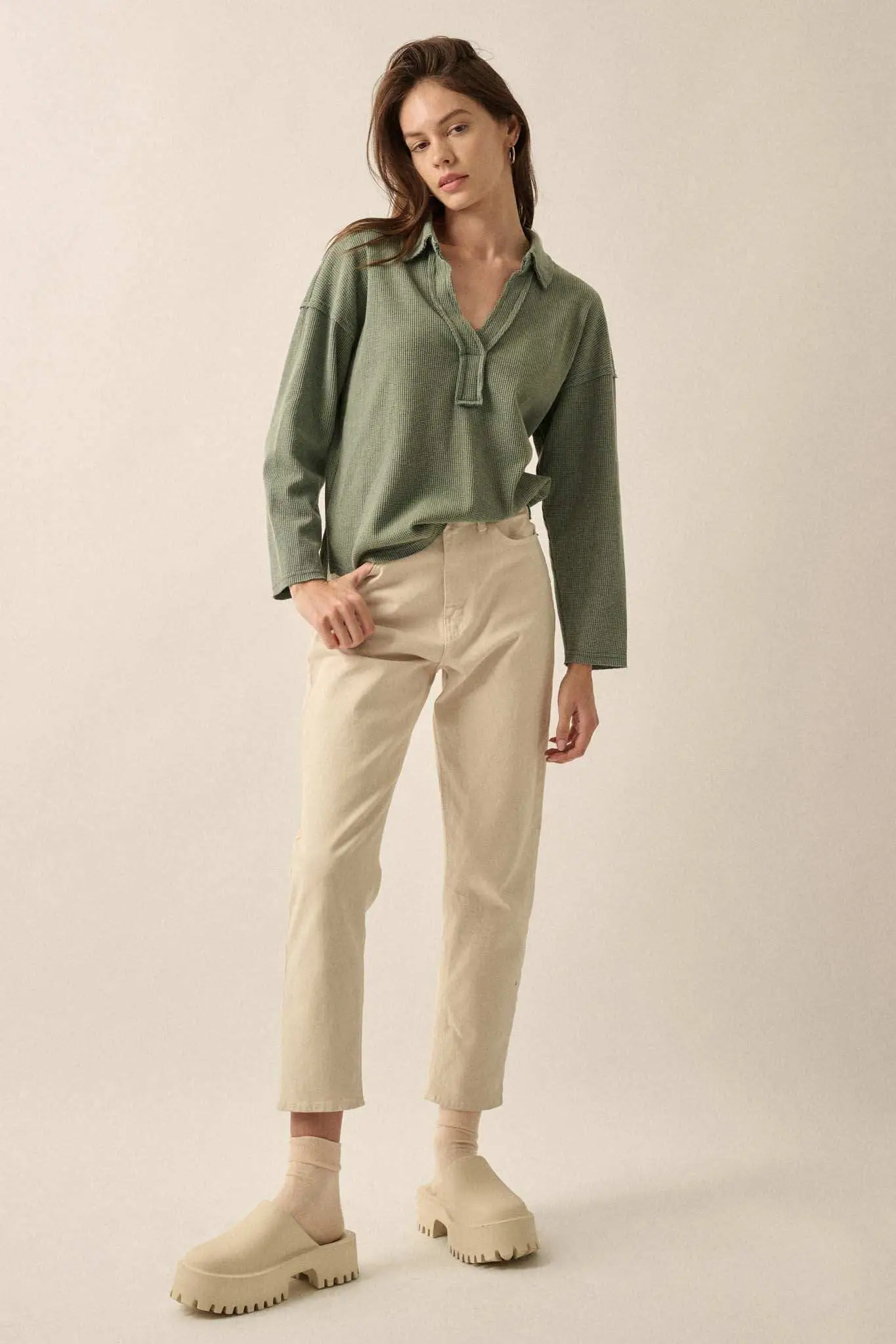 No Problemo Collared V-Neck Waffle-Knit Top - Image 3