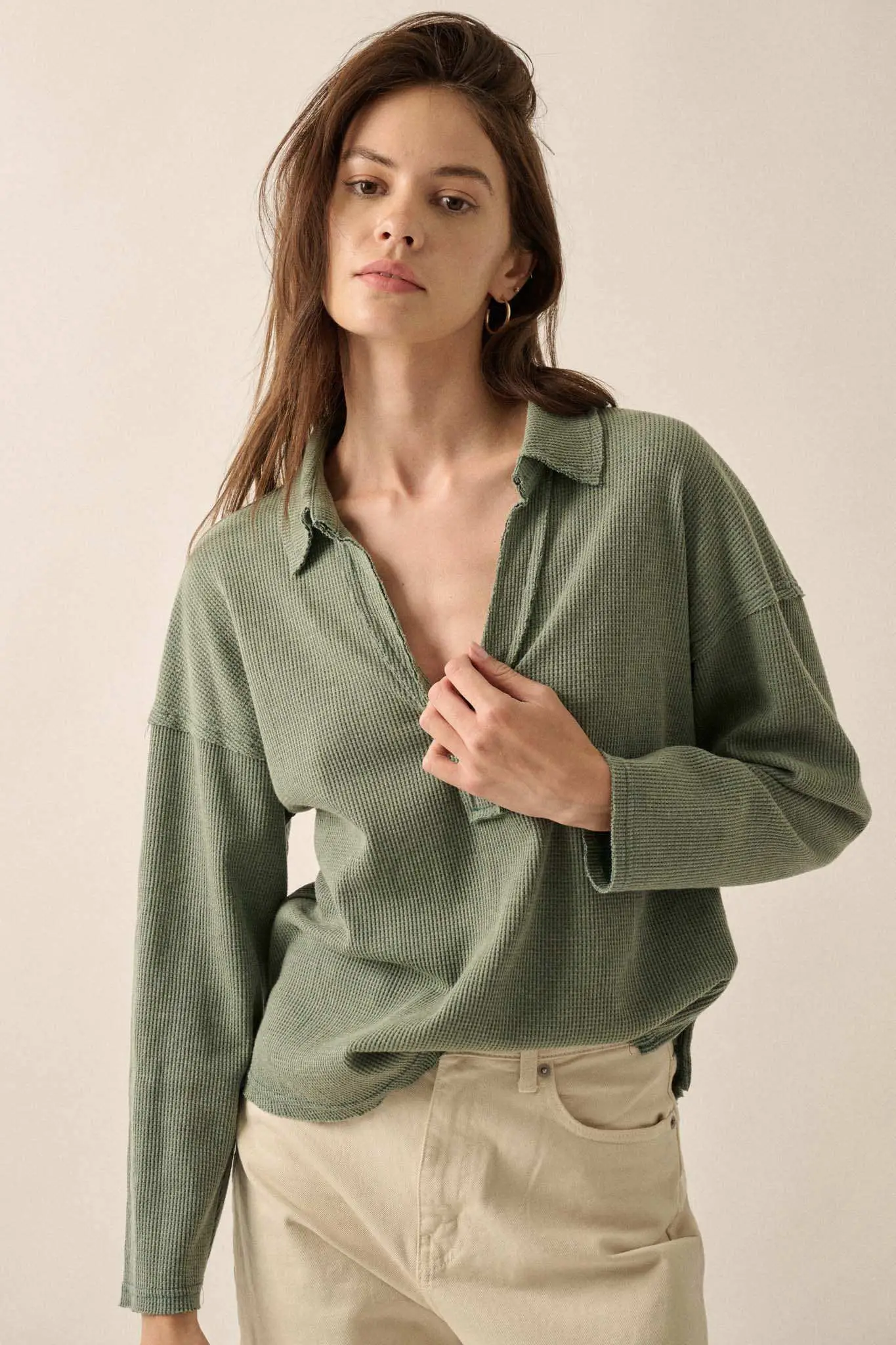 No Problemo Collared V-Neck Waffle-Knit Top - Image 5