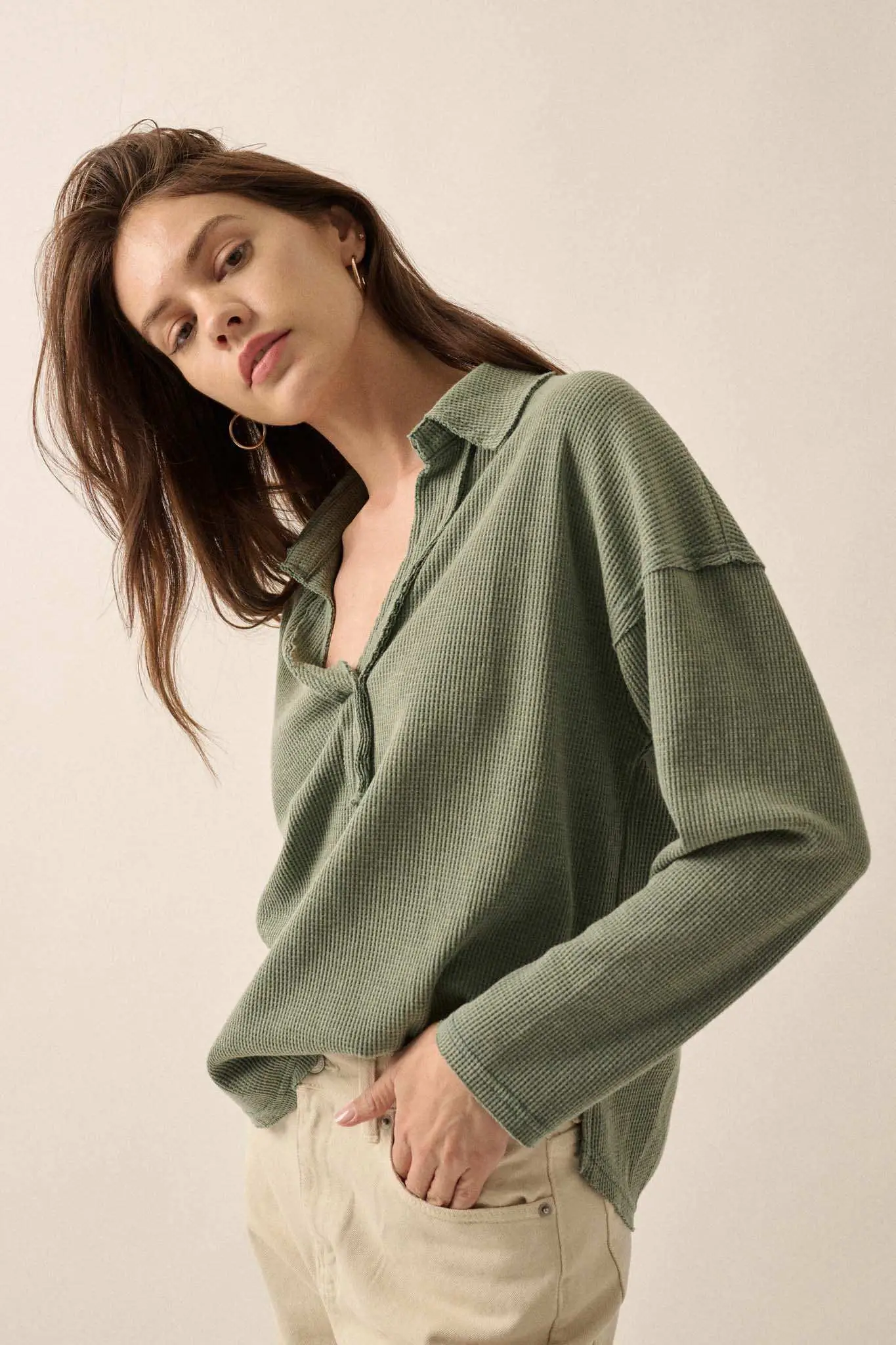 No Problemo Collared V-Neck Waffle-Knit Top - Image 6