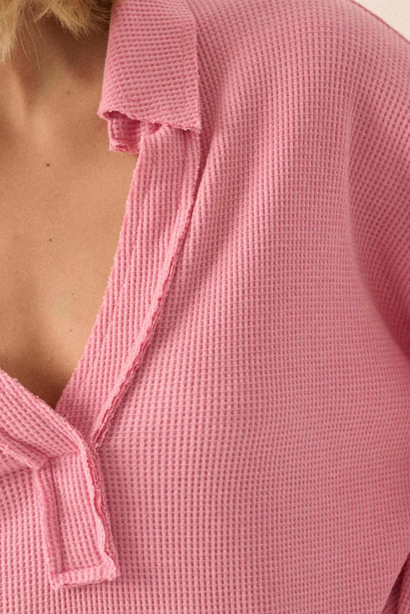 No Problemo Collared V-Neck Waffle-Knit Top - Image 7