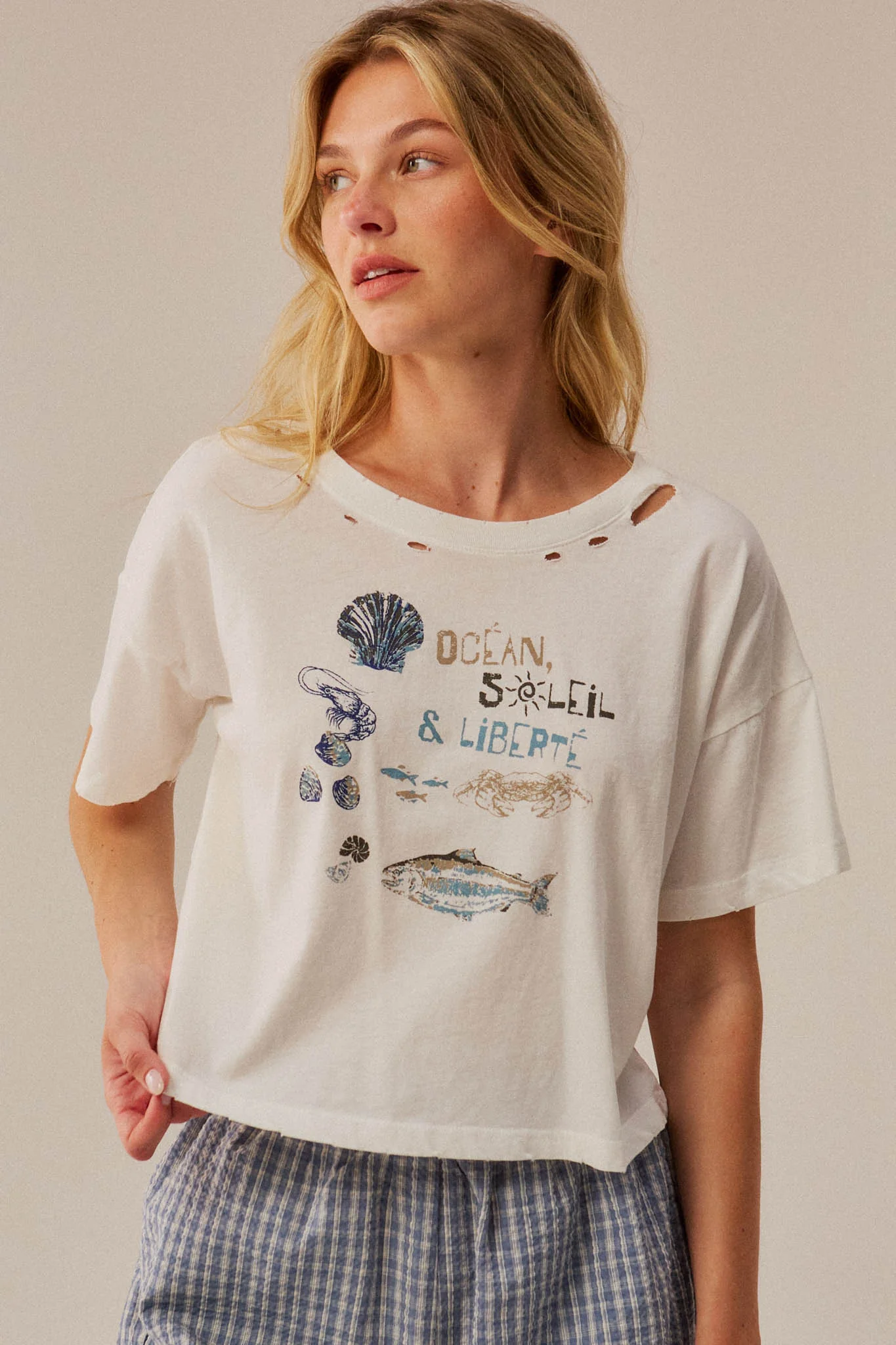Océan Soleil Liberté Distressed Cropped Graphic Tee