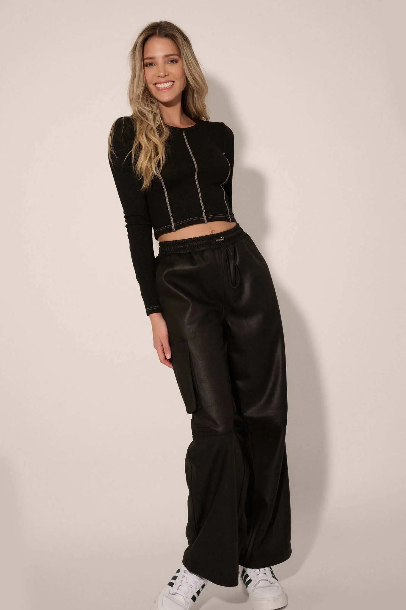 On the Run Vegan Leather Drawstring Cargo Pants - Image 5