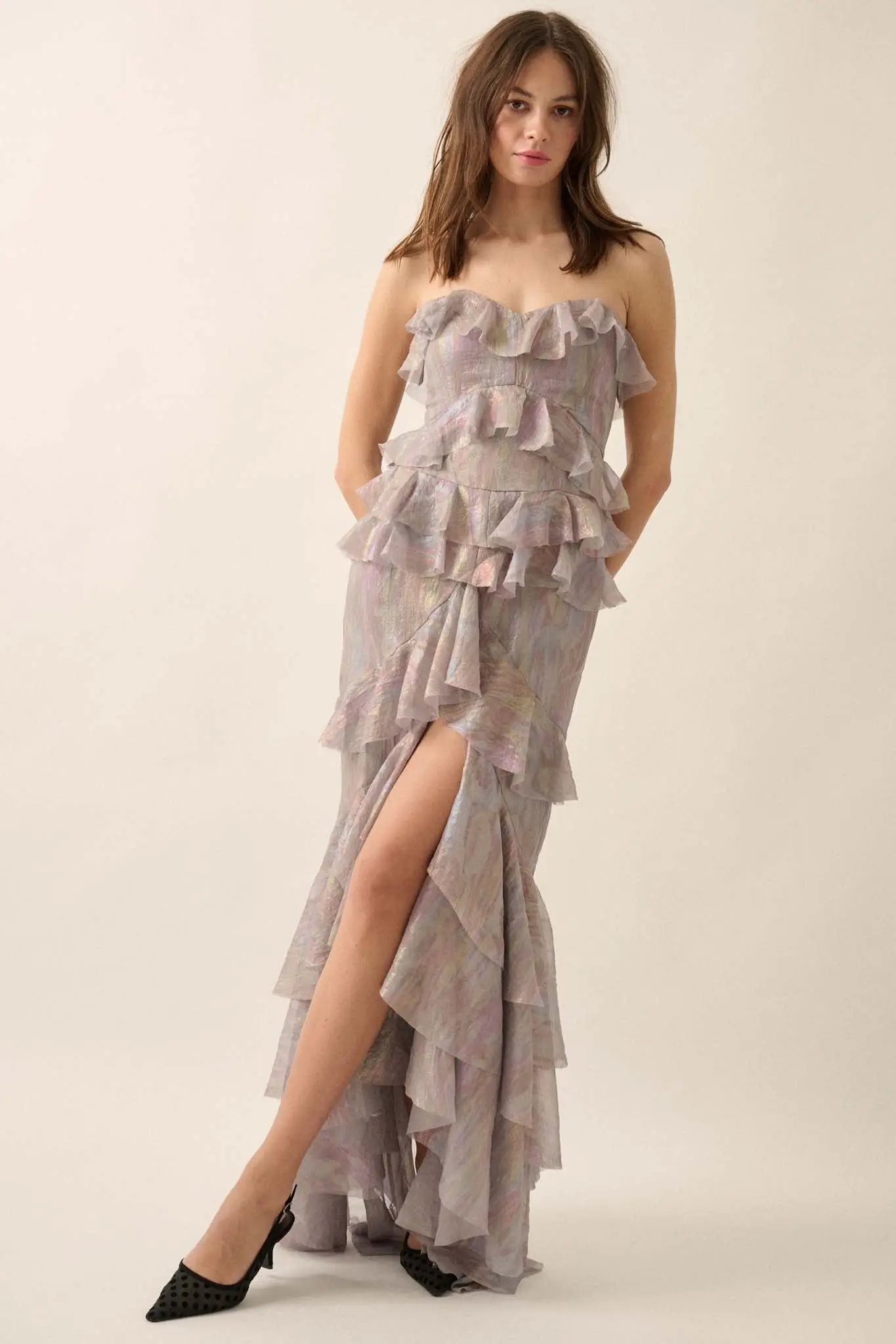 Opal Glow Strapless Iridescent Ruffle Maxi Dress