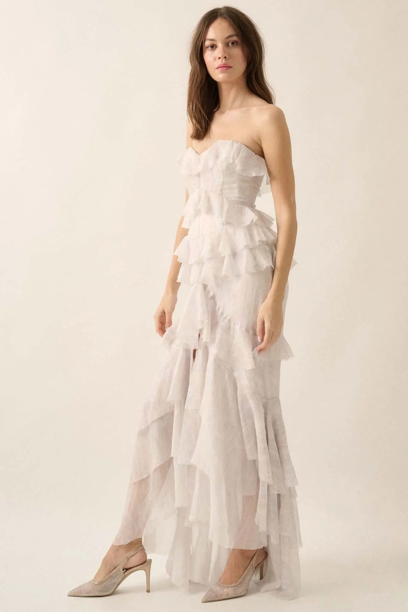 Opal Glow Strapless Iridescent Ruffle Maxi Dress - Image 11